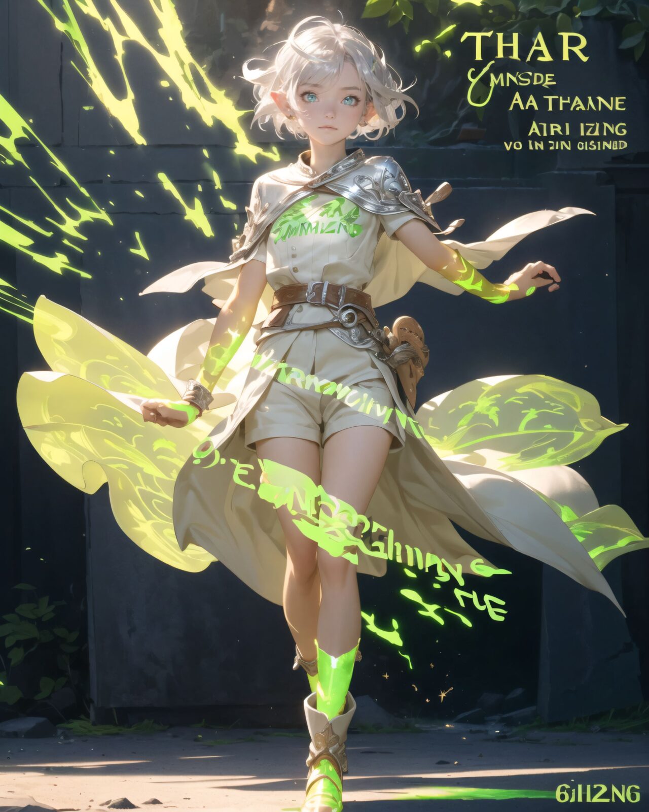 (masterpiece:1.3), (best quality:1.3),
((A charming young kawaii ero elven adventurer),
displaying an innocent yet determined expression,
((Her silver short hair flows gently in the wind):1.6),
complementing her deep emerald-green eyes,
She wears a traveler?s outfit inspired by the natural world:
- A fitted forest-green tunic with golden embroidery,
- A brown leather corset belt securing a utility pouch,
- A flowing dark green cape clasped with a golden brooch,
- Dark brown bracers and knee-high leather boots,
- A quiver of arrows slung across her back, a finely crafted elven bow in her hand,
- Gold-trimmed gloves with delicate vine-like patterns.
):1.2,

((full-length shot):1.4),

(((

The inscription gradually begins to glow, and the ancient characters begin to emerge clearly),
(Some of the characters begin to move, as if they are floating in mid-air),
(There are several magical symbols carved into the wall, suggesting that they are part of the seal),
(The air around you changes slightly, and you get the illusion that the ruins have come to life),

):2),


Soft natural lighting casts a warm glow on her features, highlighting the intricate details of her attire and accessories.
The image is captured with a cinematic composition, a balance of sharp focus on her expressive face and a blurred, immersive fantasy background



8k, ultra-detailed, intricate, sharp focus, depth-of-field, photorealistic, fantasy art, atmospheric lighting,

(EasyNegativeV2:-1.5), (worst quality, low quality:-1.2), (bad-hands-5:-1.2), (negative_hand-neg:-1.1)