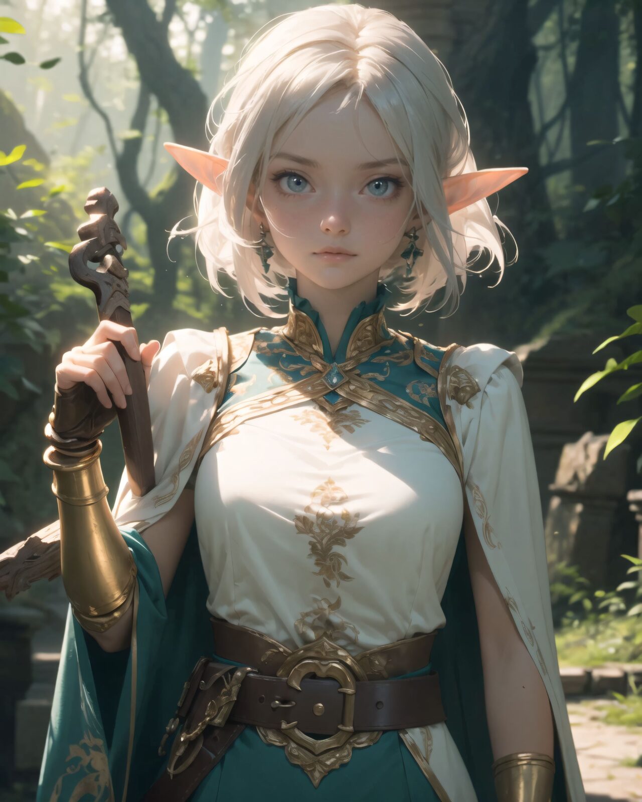 (masterpiece:1.3), (best quality:1.3),  
A charming young kawaii ero elven adventurer, displaying an innocent yet determined expression,  
(Her silver short hair flows gently in the wind), complementing her deep emerald-green eyes,  
She wears a traveler?s outfit inspired by the natural world:  
- A fitted forest-green tunic with golden embroidery,  
- A brown leather corset belt securing a utility pouch,  
- A flowing dark green cape clasped with a golden brooch,  
- Dark brown bracers and knee-high leather boots,  
- A quiver of arrows slung across her back, a finely crafted elven bow in her hand,  
- Gold-trimmed gloves with delicate vine-like patterns.  

((upper body shot):1.4),

She embodies an aura of adventure and curiosity with her elegant and mysterious style.
Soft natural lighting casts a warm glow on her features, highlighting the intricate details of her attire and accessories.  
The image is captured with a cinematic composition, a balance of sharp focus on her expressive face and a blurred, immersive fantasy background.  

((
Standing before an ancient ruin deep within a mystical forest,  
Towering stone pillars covered in moss and glowing ancient inscriptions carved into weathered stone,  
Golden sunlight filtering through dense foliage, casting ethereal light onto the sacred ruins,  
A mysterious aura emanates from the ruins, swirling magical particles in the air,  
Filia stands cautiously, gazing upon the ruins with wonder and curiosity
):1.2),

Soft natural lighting casts a warm glow on her features, highlighting the intricate details of her attire and accessories.  
The image is captured with a cinematic composition, a balance of sharp focus on her expressive face and a blurred, immersive fantasy background.  

8k, ultra-detailed, intricate, sharp focus, depth-of-field, photorealistic, fantasy art, atmospheric lighting,

(EasyNegativeV2:-1.5), (worst quality, low quality:-1.2), (bad-hands-5:-1.2), (negative_hand-neg:-1.1)