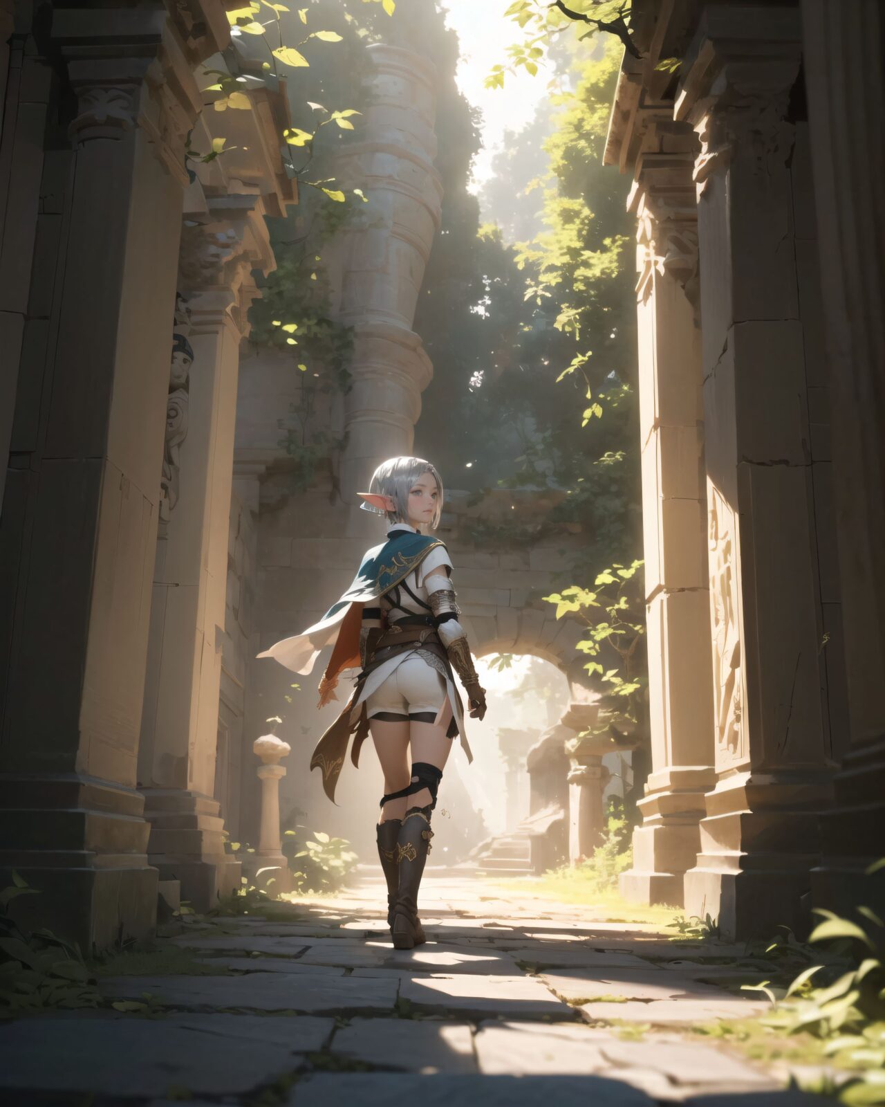 (masterpiece:1.3), (best quality:1.3),
((A charming young kawaii ero elven adventurer),
displaying an innocent yet determined expression,
((Her silver short hair flows gently in the wind):1.6),
complementing her deep emerald-green eyes,
She wears a traveler?s outfit inspired by the natural world:
- A fitted forest-green tunic with golden embroidery,
- A brown leather corset belt securing a utility pouch,
- A flowing dark green cape clasped with a golden brooch,
- Dark brown bracers and knee-high leather boots,
- A quiver of arrows slung across her back, a finely crafted elven bow in her hand,
- Gold-trimmed gloves with delicate vine-like patterns.
):1.2,

((Distant view shot):1.4),
((

Standing before an ancient stone wall covered in glowing magical inscriptions, 
The elven girl gently traces her fingertips over the luminescent symbols, 
The inscriptions emit a faint blue and gold glow, illuminating her delicate expression of curiosity, 
The surrounding ruins are dimly lit, with vines creeping along the crumbling stones, 
Soft light filters through a crack in the stone ceiling, casting a divine glow on the ancient carvings. The scene is set against a dark backdrop, creating a sense of mystery and enchantment.

):1.4),


Soft natural lighting casts a warm glow on her features, highlighting the intricate details of her attire and accessories.
The image is captured with a cinematic composition, a balance of sharp focus on her expressive face and a blurred, immersive fantasy background



8k, ultra-detailed, intricate, sharp focus, depth-of-field, photorealistic, fantasy art, atmospheric lighting,

(EasyNegativeV2:-1.5), (worst quality, low quality:-1.2), (bad-hands-5:-1.2), (negative_hand-neg:-1.1)