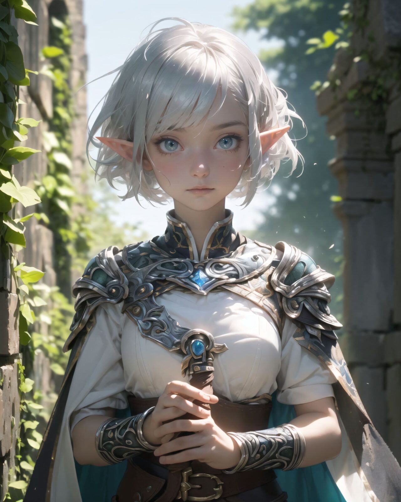 (masterpiece:1.3), (best quality:1.3),
((A charming young kawaii ero elven adventurer),
displaying an innocent yet determined expression,
((Her silver short hair flows gently in the wind):1.6),
complementing her deep emerald-green eyes,
She wears a traveler?s outfit inspired by the natural world:
- A fitted forest-green tunic with golden embroidery,
- A brown leather corset belt securing a utility pouch,
- A flowing dark green cape clasped with a golden brooch,
- Dark brown bracers and knee-high leather boots,
- A quiver of arrows slung across her back, a finely crafted elven bow in her hand,
- Gold-trimmed gloves with delicate vine-like patterns.
):1.2,

((upper body shot):1.4),

((

Philia's position and movement:
?She is standing in front of an ancient stone wall, her fingers gently tracing the shining inscription.?
?Her eyes reflect the mysterious glow of the rune characters, with an expression that suggests both curiosity and concentration.?
Design of the inscription:
?The shining ancient rune characters carved into the weathered stone.?
?The inscription, illuminated by a soft light, with magical symbols pulsing with the light.?
?The magical energy of blue and gold swirling around the letters?
Background atmosphere:
?Ancient ruins covered in moss and ivy, dim and mysterious lighting?
?A faint magical aura emanating from the stone walls?
?Soft blue light illuminating the carved letters, casting a pale shadow on the wall?
Camera perspective specified:
?Close-up shot, cinematic framing?
?Focus on her hand and the glowing letters?
?Create a sense of depth by blurring the background of the ancient ruins?
):1.4),


Soft natural lighting casts a warm glow on her features, highlighting the intricate details of her attire and accessories.
The image is captured with a cinematic composition, a balance of sharp focus on her expressive face and a blurred, immersive fantasy background



8k, ultra-detailed, intricate, sharp focus, depth-of-field, photorealistic, fantasy art, atmospheric lighting,

(EasyNegativeV2:-1.5), (worst quality, low quality:-1.2), (bad-hands-5:-1.2), (negative_hand-neg:-1.1)