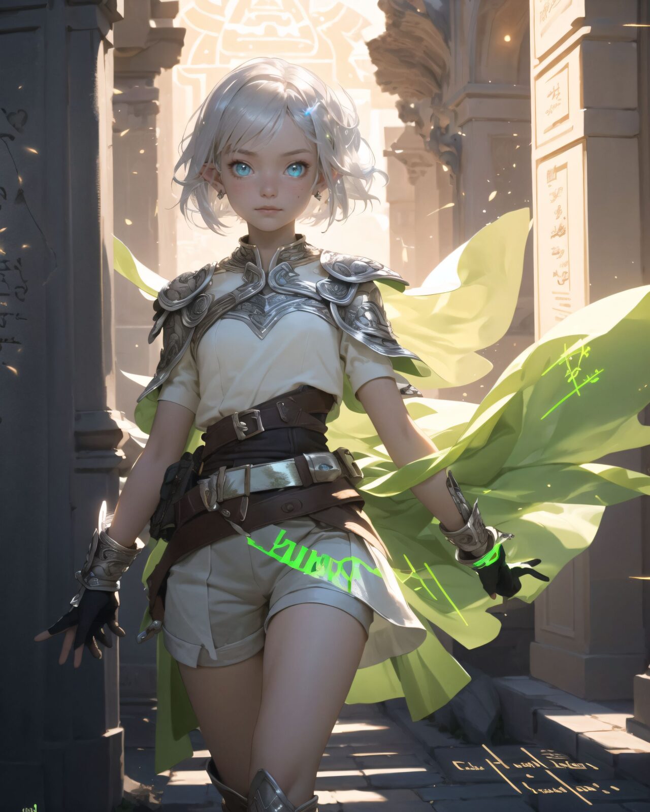 (masterpiece:1.3), (best quality:1.3),
((A charming young kawaii ero elven adventurer),
displaying an innocent yet determined expression,
((Her silver short hair flows gently in the wind):1.6),
complementing her deep emerald-green eyes,
She wears a traveler?s outfit inspired by the natural world:
- A fitted forest-green tunic with golden embroidery,
- A brown leather corset belt securing a utility pouch,
- A flowing dark green cape clasped with a golden brooch,
- Dark brown bracers and knee-high leather boots,
- A quiver of arrows slung across her back, a finely crafted elven bow in her hand,
- Gold-trimmed gloves with delicate vine-like patterns.
):1.2,

((diagonal shot):1.4),

((

The inscription gradually begins to glow, and the ancient characters begin to emerge clearly),
(Some of the characters begin to move, as if they are floating in mid-air),
(There are several magical symbols carved into the wall, suggesting that they are part of the seal),
(The air around you changes slightly, and you get the illusion that the ruins have come to life),

:2),


Soft natural lighting casts a warm glow on her features, highlighting the intricate details of her attire and accessories.
The image is captured with a cinematic composition, a balance of sharp focus on her expressive face and a blurred, immersive fantasy background



8k, ultra-detailed, intricate, sharp focus, depth-of-field, photorealistic, fantasy art, atmospheric lighting,

(EasyNegativeV2:-1.5), (worst quality, low quality:-1.2), (bad-hands-5:-1.2), (negative_hand-neg:-1.1)