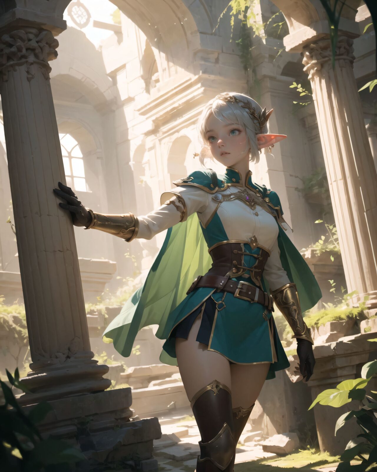 (masterpiece:1.3), (best quality:1.3),  
A charming young kawaii ero elven adventurer, displaying an innocent yet determined expression,  
Her silver short hair flows gently in the wind, complementing her deep emerald-green eyes,  
She wears a traveler?s outfit inspired by the natural world:  
- A fitted forest-green tunic with golden embroidery,  
- A brown leather corset belt securing a utility pouch,  
- A flowing dark green cape clasped with a golden brooch,  
- Dark brown bracers and knee-high leather boots,  
- A quiver of arrows slung across her back, a finely crafted elven bow in her hand,  
- Gold-trimmed gloves with delicate vine-like patterns.  

((dynamic angle shot):1.4),

She embodies an aura of adventure and curiosity with her elegant and mysterious style.
Soft natural lighting casts a warm glow on her features, highlighting the intricate details of her attire and accessories.  
The image is captured with a cinematic composition, a balance of sharp focus on her expressive face and a blurred, immersive fantasy background.  

((
Standing before an ancient ruin deep within a mystical forest,  
Towering stone pillars covered in moss and glowing ancient inscriptions carved into weathered stone,  
Golden sunlight filtering through dense foliage, casting ethereal light onto the sacred ruins,  
A mysterious aura emanates from the ruins, swirling magical particles in the air,  
Filia stands cautiously, gazing upon the ruins with wonder and curiosity
):1.2),

Soft natural lighting casts a warm glow on her features, highlighting the intricate details of her attire and accessories.  
The image is captured with a cinematic composition, a balance of sharp focus on her expressive face and a blurred, immersive fantasy background.  

8k, ultra-detailed, intricate, sharp focus, depth-of-field, photorealistic, fantasy art, atmospheric lighting,

(EasyNegativeV2:-1.5), (worst quality, low quality:-1.2), (bad-hands-5:-1.2), (negative_hand-neg:-1.1)