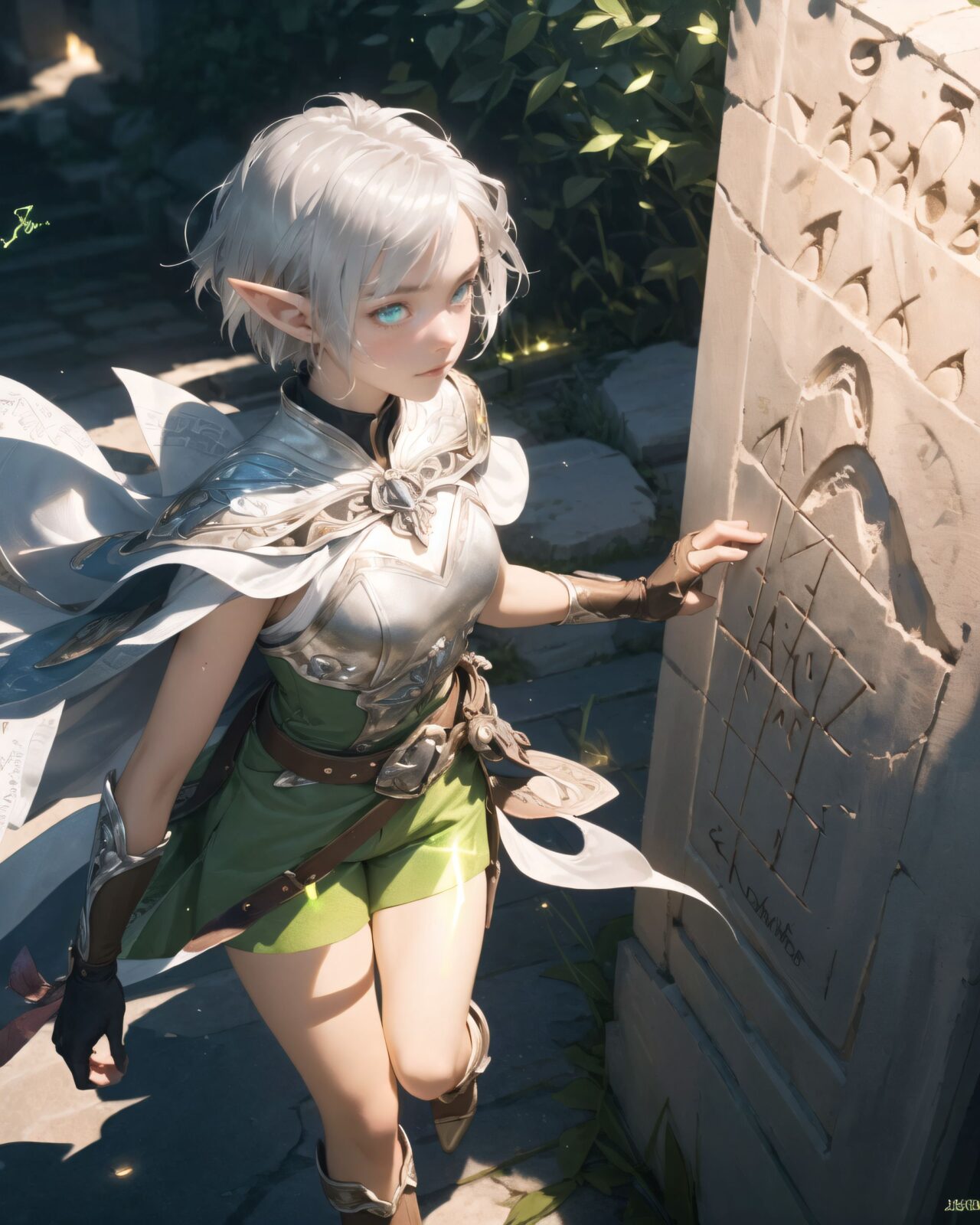 (masterpiece:1.3), (best quality:1.3),
((A charming young kawaii ero elven adventurer),
displaying an innocent yet determined expression,
((Her silver short hair flows gently in the wind):1.6),
complementing her deep emerald-green eyes,
She wears a traveler?s outfit inspired by the natural world:
- A fitted forest-green tunic with golden embroidery,
- A brown leather corset belt securing a utility pouch,
- A flowing dark green cape clasped with a golden brooch,
- Dark brown bracers and knee-high leather boots,
- A quiver of arrows slung across her back, a finely crafted elven bow in her hand,
- Gold-trimmed gloves with delicate vine-like patterns.
):1.2,

((overhead shot):1.4),

((

The inscription gradually begins to glow, and the ancient characters begin to emerge clearly),
(Some of the characters begin to move, as if they are floating in mid-air),
(There are several magical symbols carved into the wall, suggesting that they are part of the seal),
(The air around you changes slightly, and you get the illusion that the ruins have come to life),

:2),


Soft natural lighting casts a warm glow on her features, highlighting the intricate details of her attire and accessories.
The image is captured with a cinematic composition, a balance of sharp focus on her expressive face and a blurred, immersive fantasy background



8k, ultra-detailed, intricate, sharp focus, depth-of-field, photorealistic, fantasy art, atmospheric lighting,

(EasyNegativeV2:-1.5), (worst quality, low quality:-1.2), (bad-hands-5:-1.2), (negative_hand-neg:-1.1)