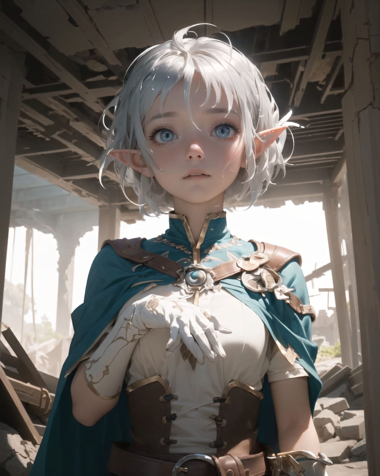 (masterpiece:1.3), (best quality:1.3),
((A charming young kawaii ero elven adventurer),
displaying an innocent yet determined expression,
((Her silver short hair flows gently in the wind):1.6),
complementing her deep emerald-green eyes,
She wears a traveler?s outfit inspired by the natural world:
- A fitted forest-green tunic with golden embroidery,
- A brown leather corset belt securing a utility pouch,
- A flowing dark green cape clasped with a golden brooch,
- Dark brown bracers and knee-high leather boots,
- A quiver of arrows slung across her back, a finely crafted elven bow in her hand,
- Gold-trimmed gloves with delicate vine-like patterns.
):1.2,

((upper body shot):1.4),

((

A tense scene unfolds in an ancient ruin, as Philia senses a disturbance. A low, dull sound echoes from the An ominous sound echoes, a sign of something strange to come.
Background:
(A low, dull sound echoes from deep within the ruins, causing the air to ripple slightly.)
(Sand falls from a gap in the ceiling, causing a faint vibration to shake the ground beneath your feet.)
(The light from the inscription on the wall flickers, becoming unstable.)
(A sense of something great and powerful slumbering deep within the ruins lingers in the air.)
Pose and expression of Philia:
(turns around immediately, sensing alarm and caution)
(puts hand on bow, gesture of caution about what might happen)
(straightens back, eyes wide open, searching for the source of the sound)

):2),


Soft natural lighting casts a warm glow on her features, highlighting the intricate details of her attire and accessories.
The image is captured with a cinematic composition, a balance of sharp focus on her expressive face and a blurred, immersive fantasy background



8k, ultra-detailed, intricate, sharp focus, depth-of-field, photorealistic, fantasy art, atmospheric lighting,

(EasyNegativeV2:-1.5), (worst quality, low quality:-1.2), (bad-hands-5:-1.2), (negative_hand-neg:-1.1)