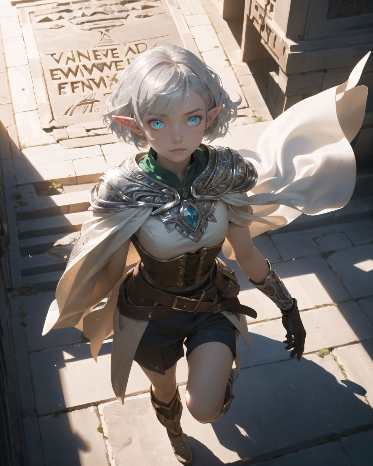 (masterpiece:1.3), (best quality:1.3),
((A charming young kawaii ero elven adventurer),
displaying an innocent yet determined expression,
((Her silver short hair flows gently in the wind):1.6),
complementing her deep emerald-green eyes,
She wears a traveler?s outfit inspired by the natural world:
- A fitted forest-green tunic with golden embroidery,
- A brown leather corset belt securing a utility pouch,
- A flowing dark green cape clasped with a golden brooch,
- Dark brown bracers and knee-high leather boots,
- A quiver of arrows slung across her back, a finely crafted elven bow in her hand,
- Gold-trimmed gloves with delicate vine-like patterns.
):1.2,

((overhead shot):1.4),

((

The inscription gradually begins to glow, and the ancient characters begin to emerge clearly.
Some of the characters begin to move, as if they are floating in mid-air.
There are several magical symbols carved into the wall, suggesting that they are part of the seal.
The air around you changes slightly, and you get the illusion that the ruins have come to life.

):2),


Soft natural lighting casts a warm glow on her features, highlighting the intricate details of her attire and accessories.
The image is captured with a cinematic composition, a balance of sharp focus on her expressive face and a blurred, immersive fantasy background



8k, ultra-detailed, intricate, sharp focus, depth-of-field, photorealistic, fantasy art, atmospheric lighting,

(EasyNegativeV2:-1.5), (worst quality, low quality:-1.2), (bad-hands-5:-1.2), (negative_hand-neg:-1.1)