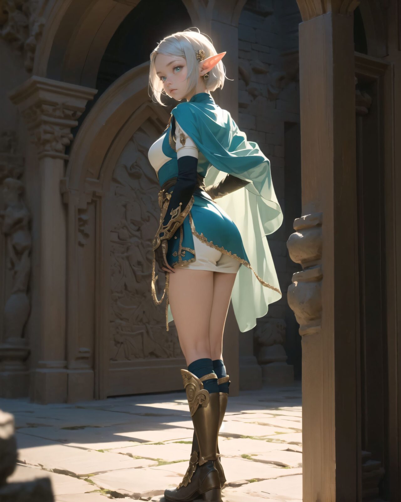 (masterpiece:1.3), (best quality:1.3),  
A charming young kawaii ero elven adventurer, displaying an innocent yet determined expression,  
Her silver short hair flows gently in the wind, complementing her deep emerald-green eyes,  
She wears a traveler?s outfit inspired by the natural world:  
- A fitted forest-green tunic with golden embroidery,  
- A brown leather corset belt securing a utility pouch,  
- A flowing dark green cape clasped with a golden brooch,  
- Dark brown bracers and knee-high leather boots,  
- A quiver of arrows slung across her back, a finely crafted elven bow in her hand,  
- Gold-trimmed gloves with delicate vine-like patterns.  

She stands gracefully in a lush, mystical setting, embodying an aura of adventure and curiosity.  
Soft natural lighting casts a warm glow on her features, highlighting the intricate details of her attire and accessories.  
The image is captured with a cinematic composition, a balance of sharp focus on her expressive face and a blurred, immersive fantasy background.  

((
Standing before a mysterious ancient stone door covered in elaborate carvings,  
Faintly glowing magical symbols swirling across its surface,  
A large, circular magic sigil appears on the ground, emitting a soft golden-blue light,  
Particles of magic float in the air, creating an ethereal atmosphere,  
Filia stands cautiously, sensing the magic as she prepares to decipher the ancient seal

):1.5),





(8k, ultra-detailed, intricate, sharp focus, depth-of-field, photorealistic, fantasy art, atmospheric lighting)  
(EasyNegativeV2:-1.5), (worst quality, low quality:-1.2), (bad-hands-5:-1.2), (negative_hand-neg:-1.1)