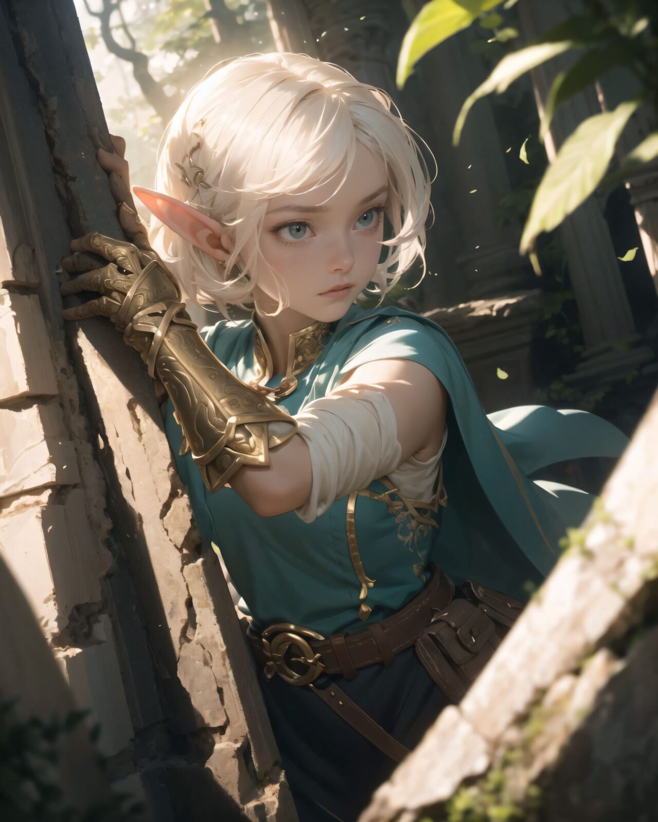 (masterpiece:1.3), (best quality:1.3),  
A charming young kawaii ero elven adventurer, displaying an innocent yet determined expression,  
Her silver short hair flows gently in the wind, complementing her deep emerald-green eyes,  
She wears a traveler?s outfit inspired by the natural world:  
- A fitted forest-green tunic with golden embroidery,  
- A brown leather corset belt securing a utility pouch,  
- A flowing dark green cape clasped with a golden brooch,  
- Dark brown bracers and knee-high leather boots,  
- A quiver of arrows slung across her back, a finely crafted elven bow in her hand,  
- Gold-trimmed gloves with delicate vine-like patterns.  

((close-up shot):1.4),

She embodies an aura of adventure and curiosity with her elegant and mysterious style.
Soft natural lighting casts a warm glow on her features, highlighting the intricate details of her attire and accessories.  
The image is captured with a cinematic composition, a balance of sharp focus on her expressive face and a blurred, immersive fantasy background.  

((
Standing before an ancient ruin deep within a mystical forest,  
Towering stone pillars covered in moss and glowing ancient inscriptions carved into weathered stone,  
Golden sunlight filtering through dense foliage, casting ethereal light onto the sacred ruins,  
A mysterious aura emanates from the ruins, swirling magical particles in the air,  
Filia stands cautiously, gazing upon the ruins with wonder and curiosity
):1.2),

Soft natural lighting casts a warm glow on her features, highlighting the intricate details of her attire and accessories.  
The image is captured with a cinematic composition, a balance of sharp focus on her expressive face and a blurred, immersive fantasy background.  

8k, ultra-detailed, intricate, sharp focus, depth-of-field, photorealistic, fantasy art, atmospheric lighting,

(EasyNegativeV2:-1.5), (worst quality, low quality:-1.2), (bad-hands-5:-1.2), (negative_hand-neg:-1.1)