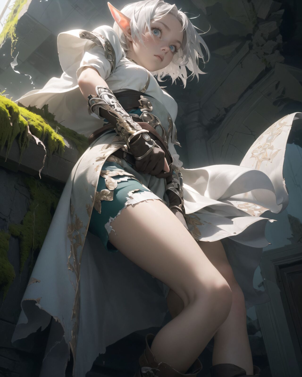 (masterpiece:1.3), (best quality:1.3),
((A charming young kawaii ero elven adventurer),
displaying an innocent yet determined expression,
((Her silver short hair flows gently in the wind):1.6),
complementing her deep emerald-green eyes,
She wears a traveler?s outfit inspired by the natural world:
- A fitted forest-green tunic with golden embroidery,
- A brown leather corset belt securing a utility pouch,
- A flowing dark green cape clasped with a golden brooch,
- Dark brown bracers and knee-high leather boots,
- A quiver of arrows slung across her back, a finely crafted elven bow in her hand,
- Gold-trimmed gloves with delicate vine-like patterns.
):1.2,
((close-up shot):1.4),
((
A tense scene unfolds in an ancient ruin, as Philia senses a disturbance. A low, dull sound echoes from the depths of the ruin, causing the air to vibrate slightly. Dust falls from cracks in the ceiling, and a faint tremor shakes the ground beneath her feet. The light emanating from the inscription on the wall flickers erratically, casting eerie shadows across the stone. In the depths of the ruin, there's a palpable sense of a large, dormant presence awakening. Philia, a young woman with fiery red hair, stands alert, her eyes wide with a mix of surprise and caution. She quickly turns towards the source of the sound, her hand instinctively reaching for the bow slung across her back. She stands tall, her posture tense, her eyes scanning the darkness for any sign of danger. The scene is dimly lit, with the only light sources being the faint glow of the inscription and the slivers of sunlight filtering through cracks in the ceiling. The ancient stone walls, covered in moss and cracks, loom around her, creating a claustrophobic and ominous atmosphere. The overall mood is one of suspense and anticipation, as Philia prepares for whatever is about to emerge from the depths of the ruin.
):2),
Soft natural lighting casts a warm glow on her features, highlighting the intricate details of her attire and accessories.
The image is captured with a cinematic composition, a balance of sharp focus on her expressive face and a blurred, immersive fantasy background
8k, ultra-detailed, intricate, sharp focus, depth-of-field, photorealistic, fantasy art, atmospheric lighting,
(EasyNegativeV2:-1.5), (worst quality, low quality:-1.2), (bad-hands-5:-1.2), (negative_hand-neg:-1.1)