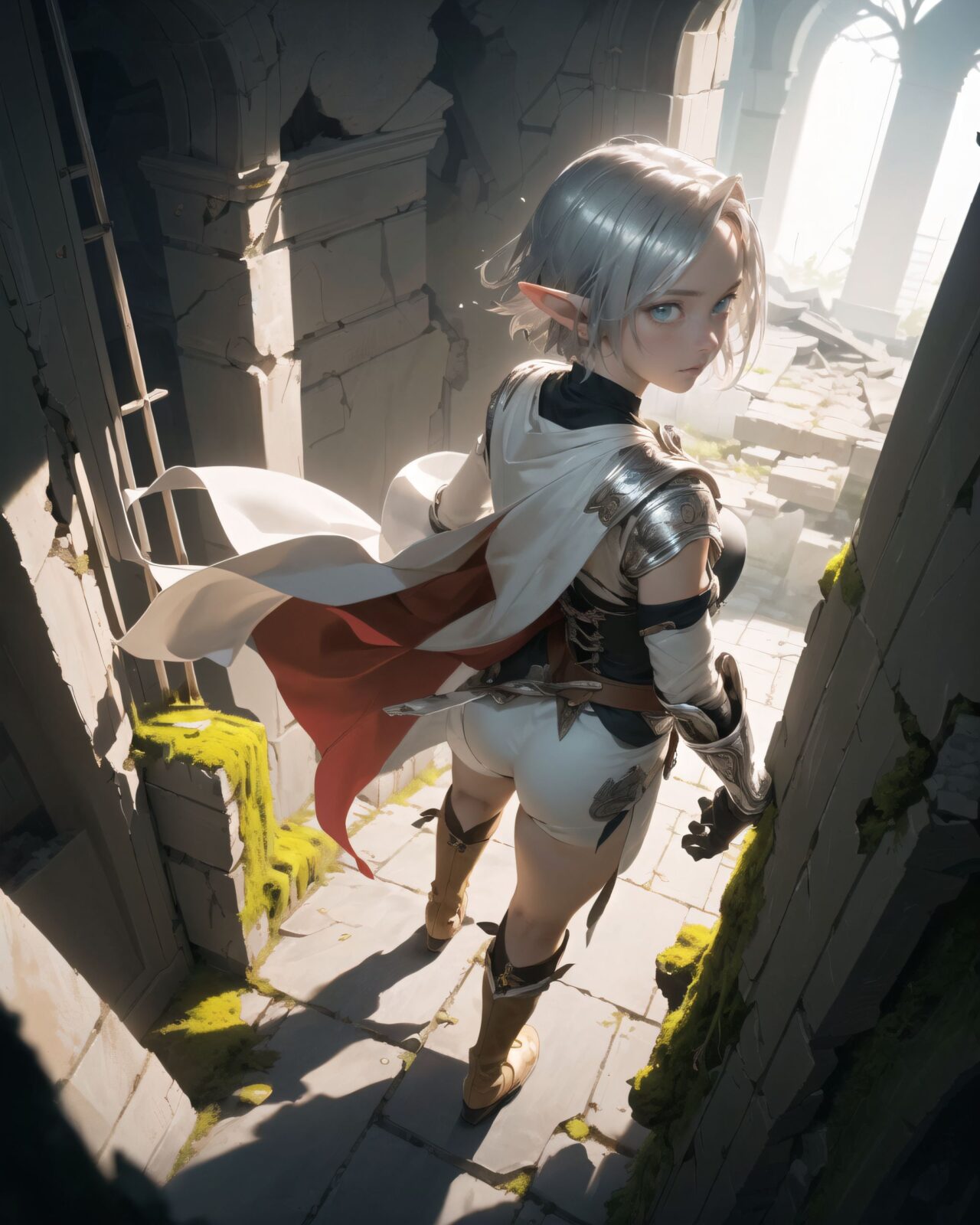 (masterpiece:1.3), (best quality:1.3),
((A charming young kawaii ero elven adventurer),
displaying an innocent yet determined expression,
((Her silver short hair flows gently in the wind):1.6),
complementing her deep emerald-green eyes,
She wears a traveler?s outfit inspired by the natural world:
- A fitted forest-green tunic with golden embroidery,
- A brown leather corset belt securing a utility pouch,
- A flowing dark green cape clasped with a golden brooch,
- Dark brown bracers and knee-high leather boots,
- A quiver of arrows slung across her back, a finely crafted elven bow in her hand,
- Gold-trimmed gloves with delicate vine-like patterns.
):1.2,
((overhead shot):1.4),
((
A tense scene unfolds in an ancient ruin, as Philia senses a disturbance. A low, dull sound echoes from the depths of the ruin, causing the air to vibrate slightly. Dust falls from cracks in the ceiling, and a faint tremor shakes the ground beneath her feet. The light emanating from the inscription on the wall flickers erratically, casting eerie shadows across the stone. In the depths of the ruin, there's a palpable sense of a large, dormant presence awakening. Philia, a young woman with fiery red hair, stands alert, her eyes wide with a mix of surprise and caution. She quickly turns towards the source of the sound, her hand instinctively reaching for the bow slung across her back. She stands tall, her posture tense, her eyes scanning the darkness for any sign of danger. The scene is dimly lit, with the only light sources being the faint glow of the inscription and the slivers of sunlight filtering through cracks in the ceiling. The ancient stone walls, covered in moss and cracks, loom around her, creating a claustrophobic and ominous atmosphere. The overall mood is one of suspense and anticipation, as Philia prepares for whatever is about to emerge from the depths of the ruin.
):2),
Soft natural lighting casts a warm glow on her features, highlighting the intricate details of her attire and accessories.
The image is captured with a cinematic composition, a balance of sharp focus on her expressive face and a blurred, immersive fantasy background
8k, ultra-detailed, intricate, sharp focus, depth-of-field, photorealistic, fantasy art, atmospheric lighting,
(EasyNegativeV2:-1.5), (worst quality, low quality:-1.2), (bad-hands-5:-1.2), (negative_hand-neg:-1.1)