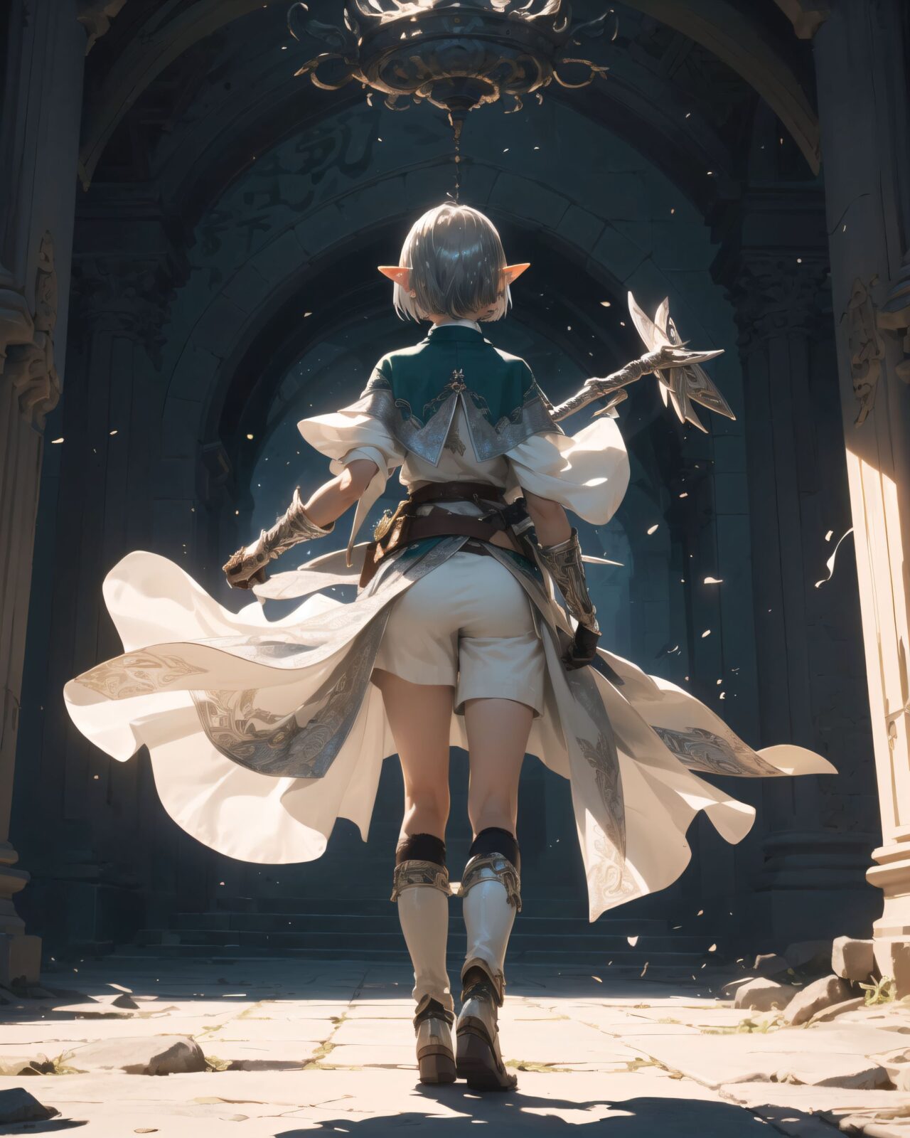 (masterpiece:1.3), (best quality:1.3),
((A charming young kawaii ero elven adventurer),
displaying an innocent yet determined expression,
((Her silver short hair flows gently in the wind):1.6),
complementing her deep emerald-green eyes,
She wears a traveler?s outfit inspired by the natural world:
- A fitted forest-green tunic with golden embroidery,
- A brown leather corset belt securing a utility pouch,
- A flowing dark green cape clasped with a golden brooch,
- Dark brown bracers and knee-high leather boots,
- A quiver of arrows slung across her back, a finely crafted elven bow in her hand,
- Gold-trimmed gloves with delicate vine-like patterns.
):1.2,
((shot from behind):1.4),
((
Philia begins to decipher the inscription.
The inscription gradually begins to glow, and the ancient characters begin to emerge clearly.
Some of the characters begin to move, as if they are floating in the air.
There are several magical symbols carved into the wall, suggesting that they are part of the seal.
The air around you changes slightly, and you get the illusion that the ruins have come to life.
(She puts her hand to her mouth, trying to understand the inscription.
She furrows her brow slightly, carefully trying to decipher the letters.
She looks thoughtful, recalling the elven lore she once heard).
):1.4),
Soft natural lighting casts a warm glow on her features, highlighting the intricate details of her attire and accessories.
The image is captured with a cinematic composition, a balance of sharp focus on her expressive face and a blurred, immersive fantasy background
8k, ultra-detailed, intricate, sharp focus, depth-of-field, photorealistic, fantasy art, atmospheric lighting,
(EasyNegativeV2:-1.5), (worst quality, low quality:-1.2), (bad-hands-5:-1.2), (negative_hand-neg:-1.1)