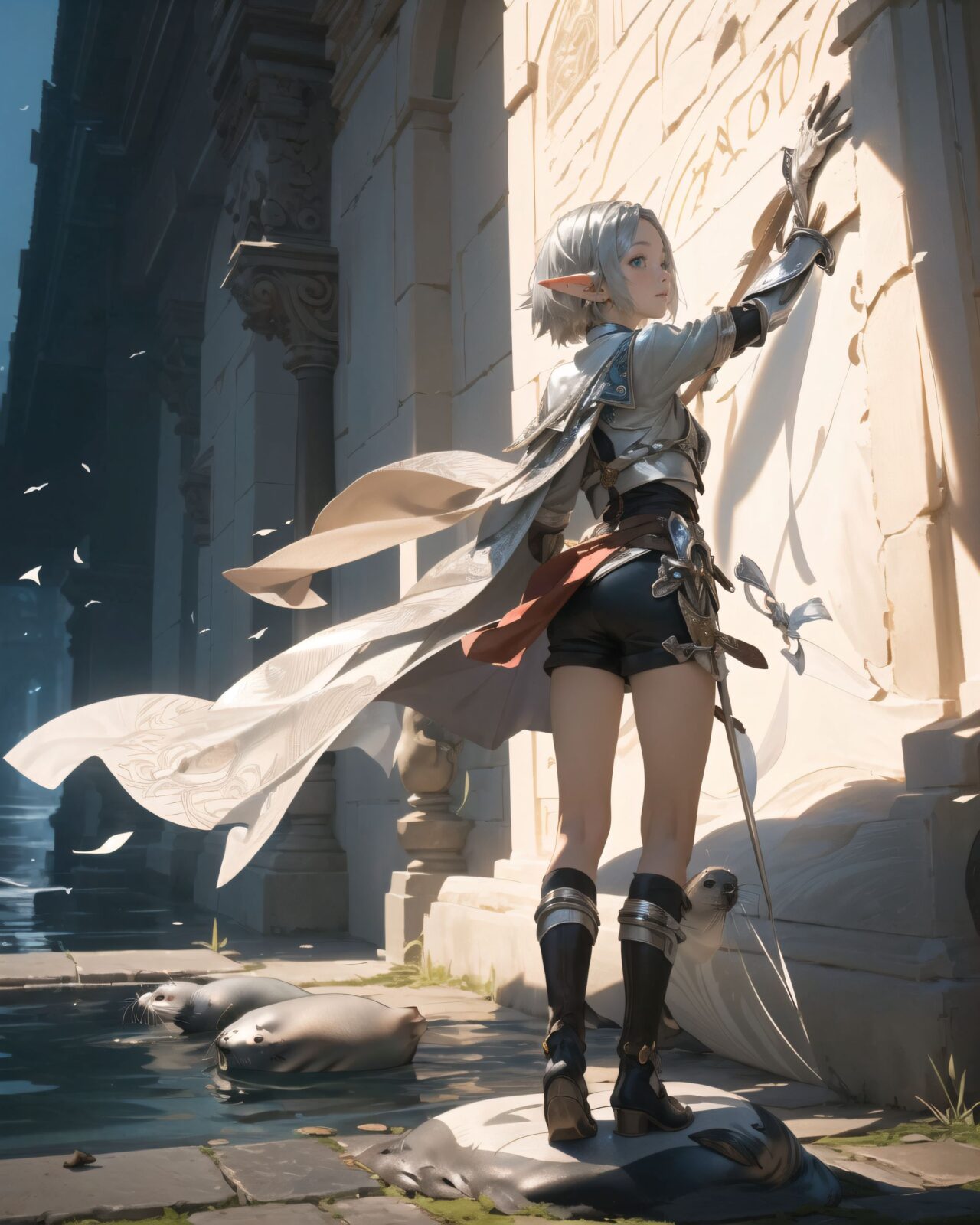 (masterpiece:1.3), (best quality:1.3),
((A charming young kawaii ero elven adventurer),
displaying an innocent yet determined expression,
((Her silver short hair flows gently in the wind):1.6),
complementing her deep emerald-green eyes,
She wears a traveler?s outfit inspired by the natural world:
- A fitted forest-green tunic with golden embroidery,
- A brown leather corset belt securing a utility pouch,
- A flowing dark green cape clasped with a golden brooch,
- Dark brown bracers and knee-high leather boots,
- A quiver of arrows slung across her back, a finely crafted elven bow in her hand,
- Gold-trimmed gloves with delicate vine-like patterns.
):1.2,
((diagonal shot):1.4),
((
Philia standing in front of the inscription
The letters of the inscription appear clearly and float in the air.
On the wall, part of a seal, a magical symbol, can be seen.
):2),
Soft natural lighting casts a warm glow on her features, highlighting the intricate details of her attire and accessories.
The image is captured with a cinematic composition, a balance of sharp focus on her expressive face and a blurred, immersive fantasy background
8k, ultra-detailed, intricate, sharp focus, depth-of-field, photorealistic, fantasy art, atmospheric lighting,
(EasyNegativeV2:-1.5), (worst quality, low quality:-1.2), (bad-hands-5:-1.2), (negative_hand-neg:-1.1)