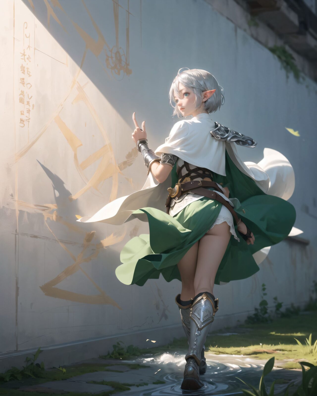 (masterpiece:1.3), (best quality:1.3),
((A charming young kawaii ero elven adventurer),
displaying an innocent yet determined expression,
((Her silver short hair flows gently in the wind):1.6),
complementing her deep emerald-green eyes,
She wears a traveler?s outfit inspired by the natural world:
- A fitted forest-green tunic with golden embroidery,
- A brown leather corset belt securing a utility pouch,
- A flowing dark green cape clasped with a golden brooch,
- Dark brown bracers and knee-high leather boots,
- A quiver of arrows slung across her back, a finely crafted elven bow in her hand,
- Gold-trimmed gloves with delicate vine-like patterns.
):1.2,
((diagonal shot):1.4),
((
Filia traces the inscription with her finger,
? Image Details
Background:
(She touches the inscription on the wall with her finger:1.5),
some of the letters she touches are glowing.
The surface of the wall is trembling slightly, showing signs of awakening ancient magic.
In the silence of the ruins, you can see the effect of faint energy waves rippling through the air.
Pose and expression of Philia:
She gently reaches out her finger to the wall and carefully traces the inscription.
She is surprised by the light that spreads out from the tip of her finger.
She senses that something will happen after this.
):1.4),
Soft natural lighting casts a warm glow on her features, highlighting the intricate details of her attire and accessories.
The image is captured with a cinematic composition, a balance of sharp focus on her expressive face and a blurred, immersive fantasy background
8k, ultra-detailed, intricate, sharp focus, depth-of-field, photorealistic, fantasy art, atmospheric lighting,
(EasyNegativeV2:-1.5), (worst quality, low quality:-1.2), (bad-hands-5:-1.2), (negative_hand-neg:-1.1)