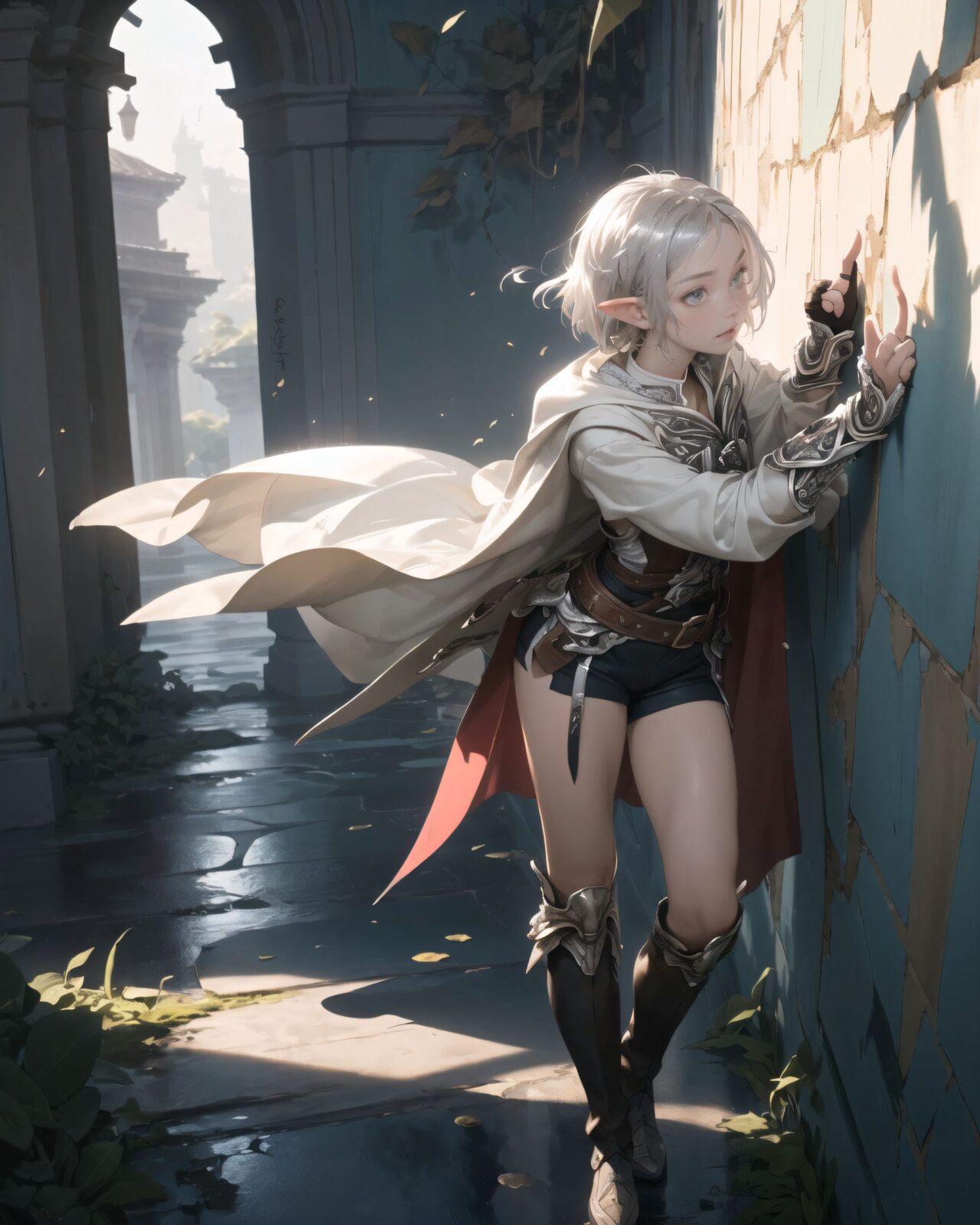 (masterpiece:1.3), (best quality:1.3),
((A charming young kawaii ero elven adventurer),
displaying an innocent yet determined expression,
((Her silver short hair flows gently in the wind):1.6),
complementing her deep emerald-green eyes,
She wears a traveler?s outfit inspired by the natural world:
- A fitted forest-green tunic with golden embroidery,
- A brown leather corset belt securing a utility pouch,
- A flowing dark green cape clasped with a golden brooch,
- Dark brown bracers and knee-high leather boots,
- A quiver of arrows slung across her back, a finely crafted elven bow in her hand,
- Gold-trimmed gloves with delicate vine-like patterns.
):1.2,
((full-length shot):1.4),
((
Filia traces the inscription with her finger,
? Image Details
Background:
(She touches the inscription on the wall with her finger:1.5),
some of the letters she touches are glowing.
The surface of the wall is trembling slightly, showing signs of awakening ancient magic.
In the silence of the ruins, you can see the effect of faint energy waves rippling through the air.
Pose and expression of Philia:
She gently reaches out her finger to the wall and carefully traces the inscription.
She is surprised by the light that spreads out from the tip of her finger.
She senses that something will happen after this.
):1.4),
Soft natural lighting casts a warm glow on her features, highlighting the intricate details of her attire and accessories.
The image is captured with a cinematic composition, a balance of sharp focus on her expressive face and a blurred, immersive fantasy background
8k, ultra-detailed, intricate, sharp focus, depth-of-field, photorealistic, fantasy art, atmospheric lighting,
(EasyNegativeV2:-1.5), (worst quality, low quality:-1.2), (bad-hands-5:-1.2), (negative_hand-neg:-1.1)