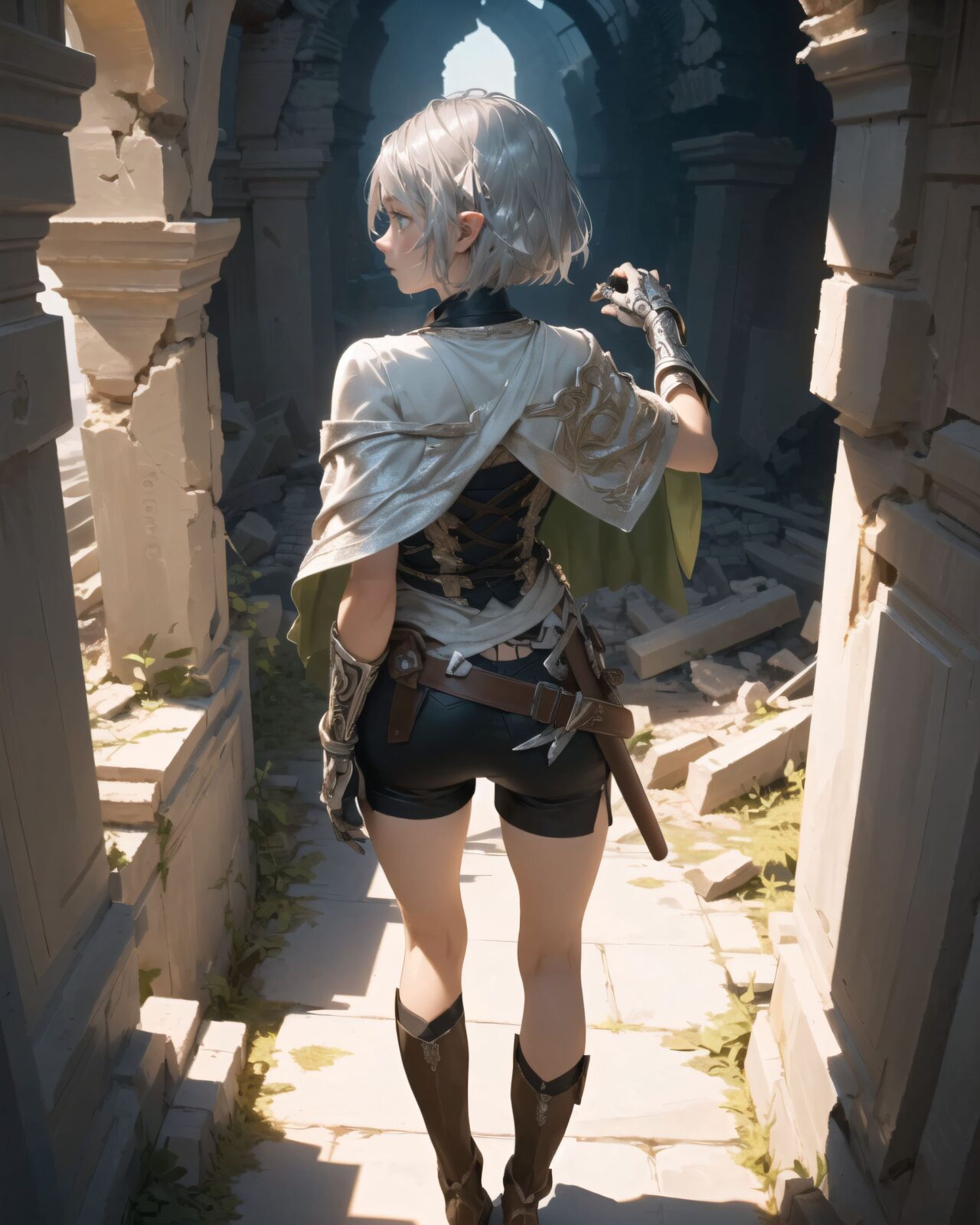 (masterpiece:1.3), (best quality:1.3),
((A charming young kawaii ero elven adventurer),
displaying an innocent yet determined expression,
((Her silver short hair flows gently in the wind):1.6),
complementing her deep emerald-green eyes,
She wears a traveler?s outfit inspired by the natural world:
- A fitted forest-green tunic with golden embroidery,
- A brown leather corset belt securing a utility pouch,
- A flowing dark green cape clasped with a golden brooch,
- Dark brown bracers and knee-high leather boots,
- A quiver of arrows slung across her back, a finely crafted elven bow in her hand,
- Gold-trimmed gloves with delicate vine-like patterns.
):1.2,
((shot of back):1.4),
((
((Strange characters are found carved into the wall):1.5),
? Image details
Background:
((Deep within the ruins, ancient inscriptions are carved densely all over the walls):1.5),
The characters are similar to the old Elven language, but have a somewhat different atmosphere.
The surface is smooth, but some of the characters are beginning to fade due to the passage of time.
A pale blue light pulses slowly, enveloping some of the inscriptions.
Pose/expression of Filia:
She stops and looks at the inscription on the wall with interest.
Her eyes are narrowed as she concentrates on trying to decipher it.
She puts one hand on her chin and looks thoughtful.
):1.4),
Soft natural lighting casts a warm glow on her features, highlighting the intricate details of her attire and accessories.
The image is captured with a cinematic composition, a balance of sharp focus on her expressive face and a blurred, immersive fantasy background
8k, ultra-detailed, intricate, sharp focus, depth-of-field, photorealistic, fantasy art, atmospheric lighting,
(EasyNegativeV2:-1.5), (worst quality, low quality:-1.2), (bad-hands-5:-1.2), (negative_hand-neg:-1.1)