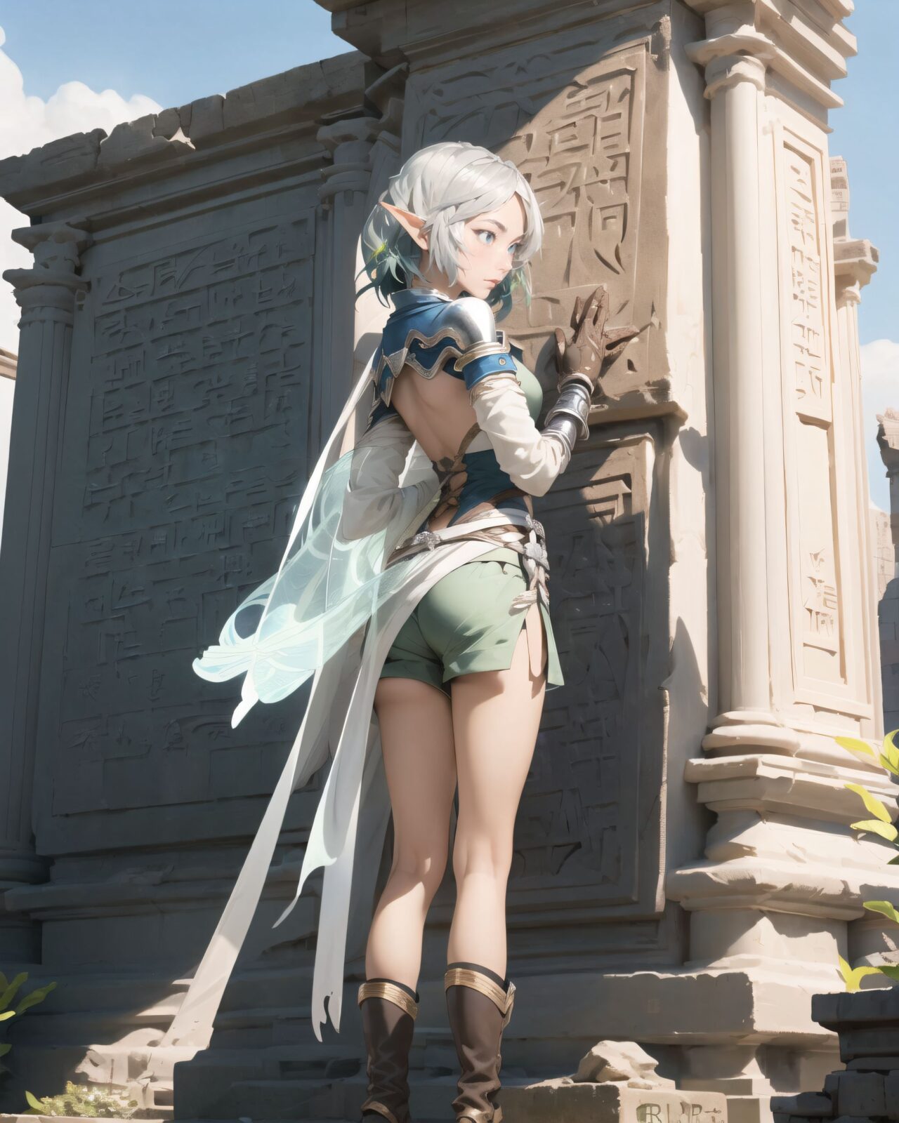 (masterpiece:1.3), (best quality:1.3),
((A charming young kawaii ero elven adventurer),
displaying an innocent yet determined expression,
((Her silver short hair flows gently in the wind):1.6),
complementing her deep emerald-green eyes,
She wears a traveler?s outfit inspired by the natural world:
- A fitted forest-green tunic with golden embroidery,
- A brown leather corset belt securing a utility pouch,
- A flowing dark green cape clasped with a golden brooch,
- Dark brown bracers and knee-high leather boots,
- A quiver of arrows slung across her back, a finely crafted elven bow in her hand,
- Gold-trimmed gloves with delicate vine-like patterns.
):1.2,
((shot of back):1.4),
((
Philia standing in front of the inscription,
The inscription gradually begins to glow, and the ancient characters begin to emerge clearly.
Some of the characters begin to move, as if they are floating in mid-air.
There are several magical symbols carved into the wall, suggesting that they are part of the seal.
The air around you changes slightly, and you get the illusion that the ruins have come to life.
):2),
Soft natural lighting casts a warm glow on her features, highlighting the intricate details of her attire and accessories.
The image is captured with a cinematic composition, a balance of sharp focus on her expressive face and a blurred, immersive fantasy background
8k, ultra-detailed, intricate, sharp focus, depth-of-field, photorealistic, fantasy art, atmospheric lighting,
(EasyNegativeV2:-1.5), (worst quality, low quality:-1.2), (bad-hands-5:-1.2), (negative_hand-neg:-1.1)