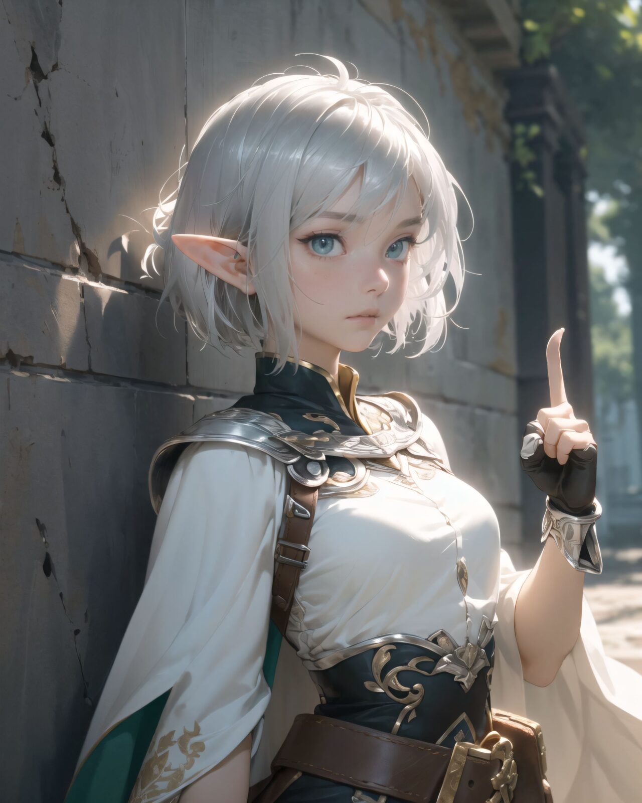 (masterpiece:1.3), (best quality:1.3),
((A charming young kawaii ero elven adventurer),
displaying an innocent yet determined expression,
((Her silver short hair flows gently in the wind):1.6),
complementing her deep emerald-green eyes,
She wears a traveler?s outfit inspired by the natural world:
- A fitted forest-green tunic with golden embroidery,
- A brown leather corset belt securing a utility pouch,
- A flowing dark green cape clasped with a golden brooch,
- Dark brown bracers and knee-high leather boots,
- A quiver of arrows slung across her back, a finely crafted elven bow in her hand,
- Gold-trimmed gloves with delicate vine-like patterns.
):1.2,
((upper body shot):1.4),
((
Filia traces the inscription with her finger,
? Image Details
Background:
(She touches the inscription on the wall with her finger:1.5),
some of the letters she touches are glowing.
The surface of the wall is trembling slightly, showing signs of awakening ancient magic.
In the silence of the ruins, you can see the effect of faint energy waves rippling through the air.
Pose and expression of Philia:
She gently reaches out her finger to the wall and carefully traces the inscription.
She is surprised by the light that spreads out from the tip of her finger.
She senses that something will happen after this.
):1.4),
Soft natural lighting casts a warm glow on her features, highlighting the intricate details of her attire and accessories.
The image is captured with a cinematic composition, a balance of sharp focus on her expressive face and a blurred, immersive fantasy background
8k, ultra-detailed, intricate, sharp focus, depth-of-field, photorealistic, fantasy art, atmospheric lighting,
(EasyNegativeV2:-1.5), (worst quality, low quality:-1.2), (bad-hands-5:-1.2), (negative_hand-neg:-1.1)