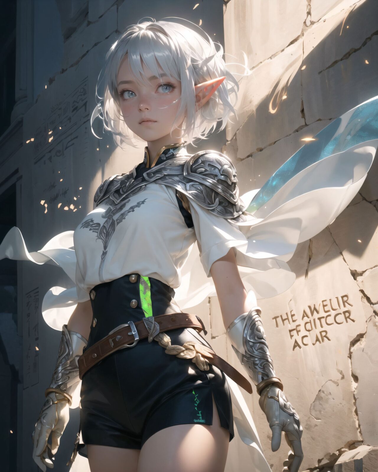 (masterpiece:1.3), (best quality:1.3),
((A charming young kawaii ero elven adventurer),
displaying an innocent yet determined expression,
((Her silver short hair flows gently in the wind):1.6),
complementing her deep emerald-green eyes,
She wears a traveler?s outfit inspired by the natural world:
- A fitted forest-green tunic with golden embroidery,
- A brown leather corset belt securing a utility pouch,
- A flowing dark green cape clasped with a golden brooch,
- Dark brown bracers and knee-high leather boots,
- A quiver of arrows slung across her back, a finely crafted elven bow in her hand,
- Gold-trimmed gloves with delicate vine-like patterns.
):1.2,
((cowboy shot):1.4),
((
The inscription gradually begins to glow, and the ancient characters begin to emerge clearly),
(Some of the characters begin to move, as if they are floating in mid-air),
(There are several magical symbols carved into the wall, suggesting that they are part of the seal),
(The air around you changes slightly, and you get the illusion that the ruins have come to life),
:2),
Soft natural lighting casts a warm glow on her features, highlighting the intricate details of her attire and accessories.
The image is captured with a cinematic composition, a balance of sharp focus on her expressive face and a blurred, immersive fantasy background
8k, ultra-detailed, intricate, sharp focus, depth-of-field, photorealistic, fantasy art, atmospheric lighting,
(EasyNegativeV2:-1.5), (worst quality, low quality:-1.2), (bad-hands-5:-1.2), (negative_hand-neg:-1.1)