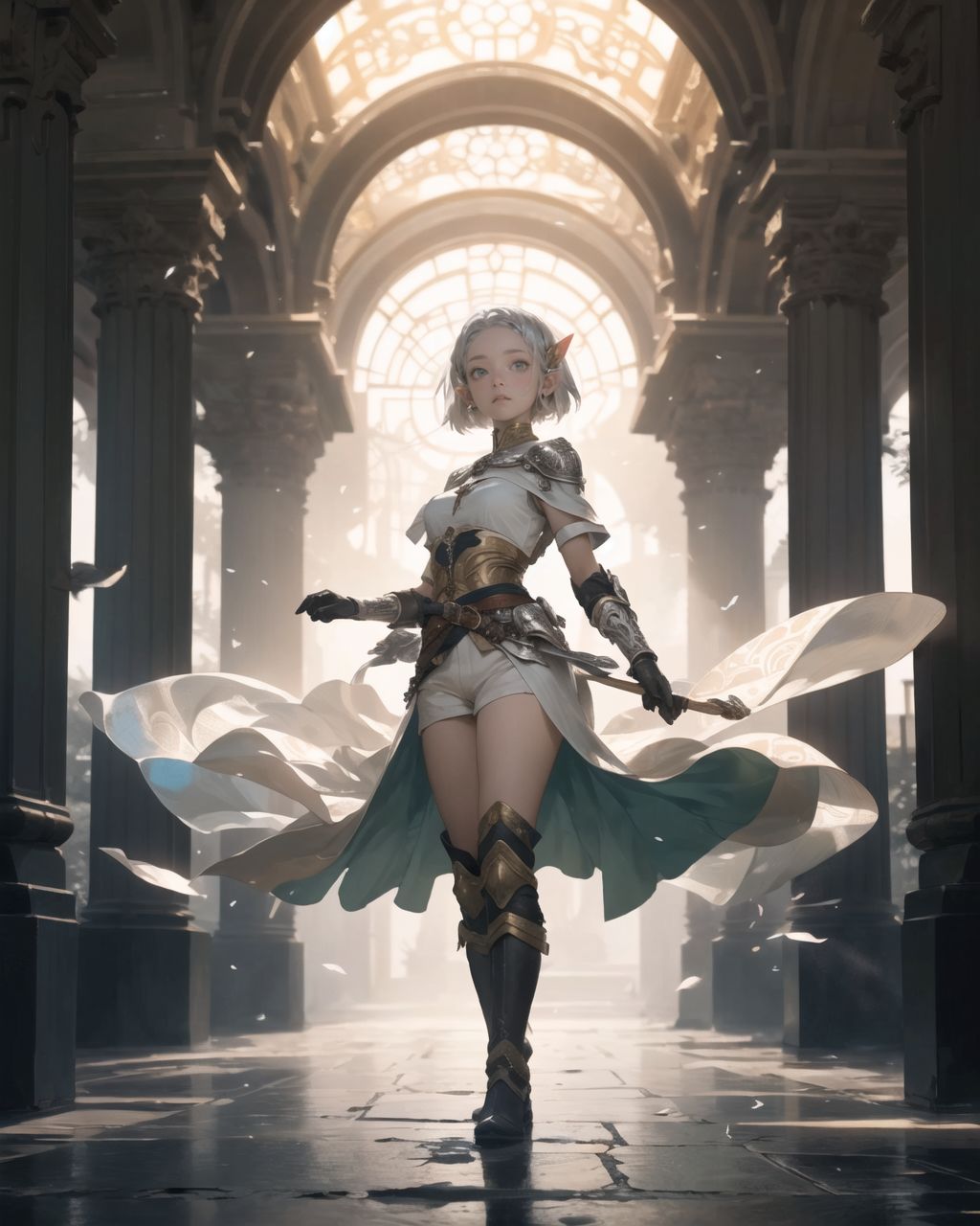 (masterpiece:1.3), (best quality:1.3),
((A charming young kawaii ero elven adventurer),
displaying an innocent yet determined expression,
((Her silver short hair flows gently in the wind):1.6),
complementing her deep emerald-green eyes,
She wears a traveler?s outfit inspired by the natural world:
- A fitted forest-green tunic with golden embroidery,
- A brown leather corset belt securing a utility pouch,
- A flowing dark green cape clasped with a golden brooch,
- Dark brown bracers and knee-high leather boots,
- A quiver of arrows slung across her back, a finely crafted elven bow in her hand,
- Gold-trimmed gloves with delicate vine-like patterns.
):1.2,
((Wide shot):1.4),
((
Standing before a mysterious ancient stone door covered in elaborate carvings,
Faintly glowing magical symbols swirling across its surface,
A large, circular magic sigil appears on the ground, emitting a soft golden-blue light,
Particles of magic float in the air, creating an ethereal atmosphere,
Filia stands cautiously, sensing the magic as she prepares to decipher the ancient seal.
):1.2),
Soft natural lighting casts a warm glow on her features, highlighting the intricate details of her attire and accessories.
The image is captured with a cinematic composition, a balance of sharp focus on her expressive face and a blurred, immersive fantasy background
8k, ultra-detailed, intricate, sharp focus, depth-of-field, photorealistic, fantasy art, atmospheric lighting,
(EasyNegativeV2:-1.5), (worst quality, low quality:-1.2), (bad-hands-5:-1.2), (negative_hand-neg:-1.1)
