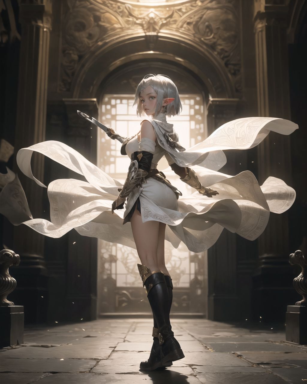 (masterpiece:1.3), (best quality:1.3),
((A charming young kawaii ero elven adventurer),
displaying an innocent yet determined expression,
((Her silver short hair flows gently in the wind):1.6),
complementing her deep emerald-green eyes,
She wears a traveler?s outfit inspired by the natural world:
- A fitted forest-green tunic with golden embroidery,
- A brown leather corset belt securing a utility pouch,
- A flowing dark green cape clasped with a golden brooch,
- Dark brown bracers and knee-high leather boots,
- A quiver of arrows slung across her back, a finely crafted elven bow in her hand,
- Gold-trimmed gloves with delicate vine-like patterns.
):1.2,
((full body shot):1.4),
((
Standing before a mysterious ancient stone door covered in elaborate carvings,
Faintly glowing magical symbols swirling across its surface,
A large, circular magic sigil appears on the ground, emitting a soft golden-blue light,
Particles of magic float in the air, creating an ethereal atmosphere,
Filia stands cautiously, sensing the magic as she prepares to decipher the ancient seal.
):1.2),
Soft natural lighting casts a warm glow on her features, highlighting the intricate details of her attire and accessories.
The image is captured with a cinematic composition, a balance of sharp focus on her expressive face and a blurred, immersive fantasy background
8k, ultra-detailed, intricate, sharp focus, depth-of-field, photorealistic, fantasy art, atmospheric lighting,
(EasyNegativeV2:-1.5), (worst quality, low quality:-1.2), (bad-hands-5:-1.2), (negative_hand-neg:-1.1)