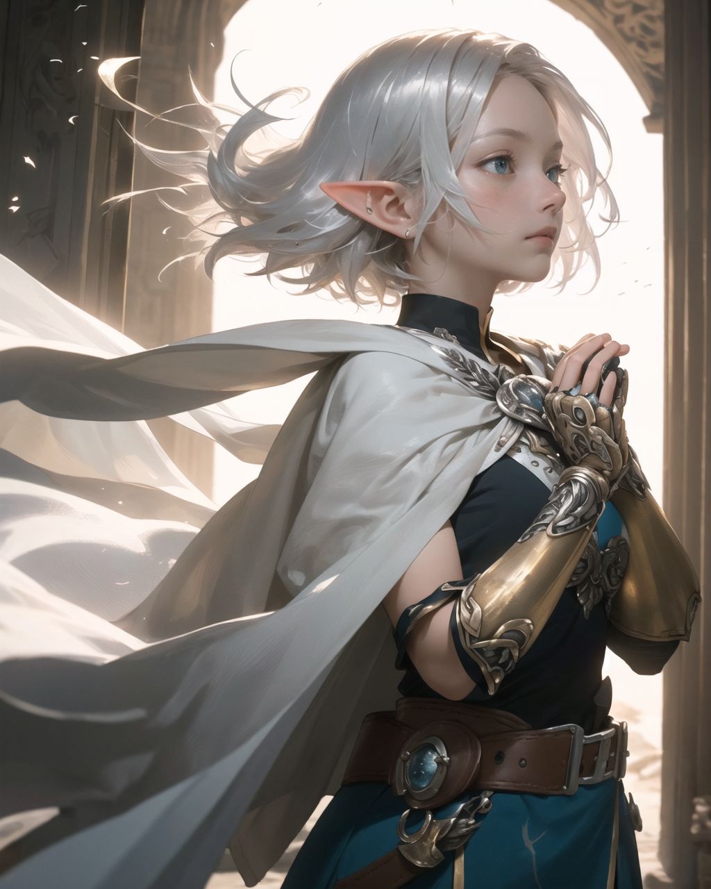 (masterpiece:1.3), (best quality:1.3),
((A charming young kawaii ero elven adventurer),
displaying an innocent yet determined expression,
((Her silver short hair flows gently in the wind):1.6),
complementing her deep emerald-green eyes,
She wears a traveler?s outfit inspired by the natural world:
- A fitted forest-green tunic with golden embroidery,
- A brown leather corset belt securing a utility pouch,
- A flowing dark green cape clasped with a golden brooch,
- Dark brown bracers and knee-high leather boots,
- A quiver of arrows slung across her back, a finely crafted elven bow in her hand,
- Gold-trimmed gloves with delicate vine-like patterns.
):1.2,
((face close-up shot):1.4),
((
Standing before a mysterious ancient stone door covered in elaborate carvings,
Faintly glowing magical symbols swirling across its surface,
A large, circular magic sigil appears on the ground, emitting a soft golden-blue light,
Particles of magic float in the air, creating an ethereal atmosphere,
Filia stands cautiously, sensing the magic as she prepares to decipher the ancient seal.
):1.2),
Soft natural lighting casts a warm glow on her features, highlighting the intricate details of her attire and accessories.
The image is captured with a cinematic composition, a balance of sharp focus on her expressive face and a blurred, immersive fantasy background
8k, ultra-detailed, intricate, sharp focus, depth-of-field, photorealistic, fantasy art, atmospheric lighting,
(EasyNegativeV2:-1.5), (worst quality, low quality:-1.2), (bad-hands-5:-1.2), (negative_hand-neg:-1.1)