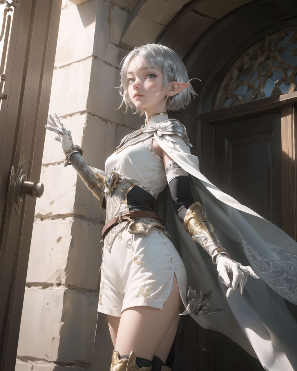(masterpiece:1.3), (best quality:1.3),
((A charming young kawaii ero elven adventurer),
displaying an innocent yet determined expression,
((Her silver short hair flows gently in the wind):1.6),
complementing her deep emerald-green eyes,
She wears a traveler?s outfit inspired by the natural world:
- A fitted forest-green tunic with golden embroidery,
- A brown leather corset belt securing a utility pouch,
- A flowing dark green cape clasped with a golden brooch,
- Dark brown bracers and knee-high leather boots,
- A quiver of arrows slung across her back, a finely crafted elven bow in her hand,
- Gold-trimmed gloves with delicate vine-like patterns.
):1.2,
((cinematic angle shot):1.4),
((
?In front of the sealed stone door, a magic circle of light is faintly shining.?
Image details to be specified
Background:
A massive stone door is sealed by ancient magic.
A mysterious pattern is engraved on the stone door, and it is faintly glowing.
Faded ancient characters are engraved on the bottom of the door.
A large magic circle spreads across the wall surrounding the door, and a faint golden light flows through it.
Pose and expression of Philia:
She stops in front of the stone door and looks at the magical circle of light with a curious expression.
She seems to be moving cautiously as she takes a step forward.
She reaches out to the door, but there is a sense of hesitation in her.
):1.2),
Soft natural lighting casts a warm glow on her features, highlighting the intricate details of her attire and accessories.
The image is captured with a cinematic composition, a balance of sharp focus on her expressive face and a blurred, immersive fantasy background
8k, ultra-detailed, intricate, sharp focus, depth-of-field, photorealistic, fantasy art, atmospheric lighting,
(EasyNegativeV2:-1.5), (worst quality, low quality:-1.2), (bad-hands-5:-1.2), (negative_hand-neg:-1.1)