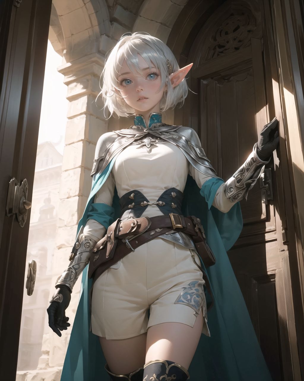 (masterpiece:1.3), (best quality:1.3),
((A charming young kawaii ero elven adventurer),
displaying an innocent yet determined expression,
((Her silver short hair flows gently in the wind):1.6),
complementing her deep emerald-green eyes,
She wears a traveler?s outfit inspired by the natural world:
- A fitted forest-green tunic with golden embroidery,
- A brown leather corset belt securing a utility pouch,
- A flowing dark green cape clasped with a golden brooch,
- Dark brown bracers and knee-high leather boots,
- A quiver of arrows slung across her back, a finely crafted elven bow in her hand,
- Gold-trimmed gloves with delicate vine-like patterns.
):1.2,
((cowboy shot):1.4),
((
?In front of the sealed stone door, a magic circle of light is faintly shining.?
Image details to be specified
Background:
A massive stone door is sealed by ancient magic.
A mysterious pattern is engraved on the stone door, and it is faintly glowing.
Faded ancient characters are engraved on the bottom of the door.
A large magic circle spreads across the wall surrounding the door, and a faint golden light flows through it.
Pose and expression of Philia:
She stops in front of the stone door and looks at the magical circle of light with a curious expression.
She seems to be moving cautiously as she takes a step forward.
She reaches out to the door, but there is a sense of hesitation in her.
):1.2),
Soft natural lighting casts a warm glow on her features, highlighting the intricate details of her attire and accessories.
The image is captured with a cinematic composition, a balance of sharp focus on her expressive face and a blurred, immersive fantasy background
8k, ultra-detailed, intricate, sharp focus, depth-of-field, photorealistic, fantasy art, atmospheric lighting,
(EasyNegativeV2:-1.5), (worst quality, low quality:-1.2), (bad-hands-5:-1.2), (negative_hand-neg:-1.1)