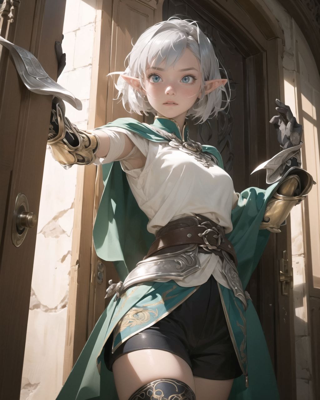 (masterpiece:1.3), (best quality:1.3),
((A charming young kawaii ero elven adventurer),
displaying an innocent yet determined expression,
((Her silver short hair flows gently in the wind):1.6),
complementing her deep emerald-green eyes,
She wears a traveler?s outfit inspired by the natural world:
- A fitted forest-green tunic with golden embroidery,
- A brown leather corset belt securing a utility pouch,
- A flowing dark green cape clasped with a golden brooch,
- Dark brown bracers and knee-high leather boots,
- A quiver of arrows slung across her back, a finely crafted elven bow in her hand,
- Gold-trimmed gloves with delicate vine-like patterns.
):1.2,
((close-up shot):1.4),
((
?In front of the sealed stone door, a magic circle of light is faintly shining.?
Image details to be specified
Background:
A massive stone door is sealed by ancient magic.
A mysterious pattern is engraved on the stone door, and it is faintly glowing.
Faded ancient characters are engraved on the bottom of the door.
A large magic circle spreads across the wall surrounding the door, and a faint golden light flows through it.
Pose and expression of Philia:
She stops in front of the stone door and looks at the magical circle of light with a curious expression.
She seems to be moving cautiously as she takes a step forward.
She reaches out to the door, but there is a sense of hesitation in her.
):1.2),
Soft natural lighting casts a warm glow on her features, highlighting the intricate details of her attire and accessories.
The image is captured with a cinematic composition, a balance of sharp focus on her expressive face and a blurred, immersive fantasy background
8k, ultra-detailed, intricate, sharp focus, depth-of-field, photorealistic, fantasy art, atmospheric lighting,
(EasyNegativeV2:-1.5), (worst quality, low quality:-1.2), (bad-hands-5:-1.2), (negative_hand-neg:-1.1)