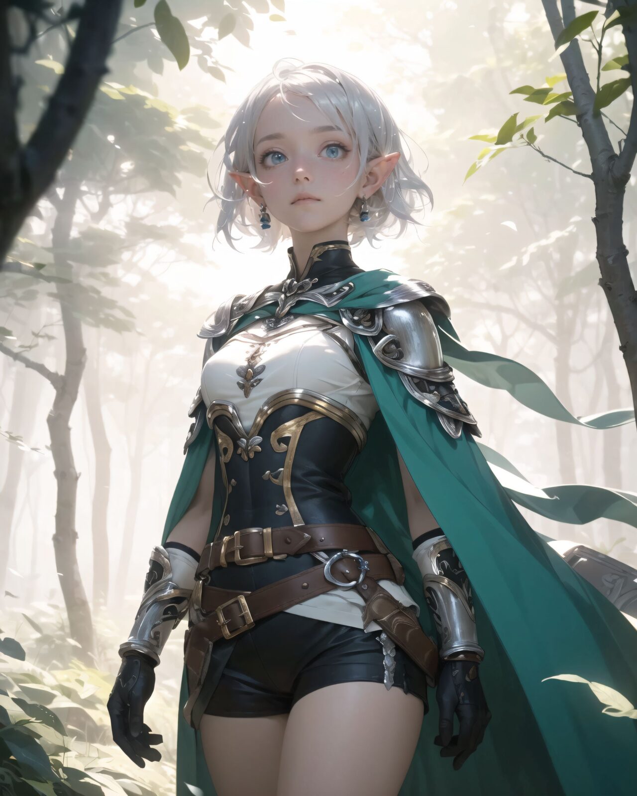 (masterpiece:1.3), (best quality:1.3),
((A charming young kawaii ero elven adventurer),
displaying an innocent yet determined expression,
((Her silver short hair flows gently in the wind):1.6),
complementing her deep emerald-green eyes,
She wears a traveler?s outfit inspired by the natural world:
- A fitted forest-green tunic with golden embroidery,
- A brown leather corset belt securing a utility pouch,
- A flowing dark green cape clasped with a golden brooch,
- Dark brown bracers and knee-high leather boots,
- A quiver of arrows slung across her back, a finely crafted elven bow in her hand,
- Gold-trimmed gloves with delicate vine-like patterns.
):1.2,
((cowboy shot):1.4),
((
Something is descending in the midst of the fantastic mist.
? Image details
Background:
In a forest where a thin mist is drifting, light particles are faintly descending between the trees.
The soft light creates a fantastic atmosphere through the mist.
The trees in the distance are hazy, creating a fantastic space.
Dew glistens on the roots and leaves of the trees, giving a sense of mysterious humidity.
Pose and expression of Philia:
She cautiously walks through the mist and stops as if she has sensed something.
She gazes at something in the mist with a slightly surprised expression.
She lightly clutches one hand in front of her chest, as if she is trying to decide what to do next.
):2),
Soft natural lighting casts a warm glow on her features, highlighting the intricate details of her attire and accessories.
The image is captured with a cinematic composition, a balance of sharp focus on her expressive face and a blurred, immersive fantasy background
8k, ultra-detailed, intricate, sharp focus, depth-of-field, photorealistic, fantasy art, atmospheric lighting,
(EasyNegativeV2:-1.5), (worst quality, low quality:-1.2), (bad-hands-5:-1.2), (negative_hand-neg:-1.1)