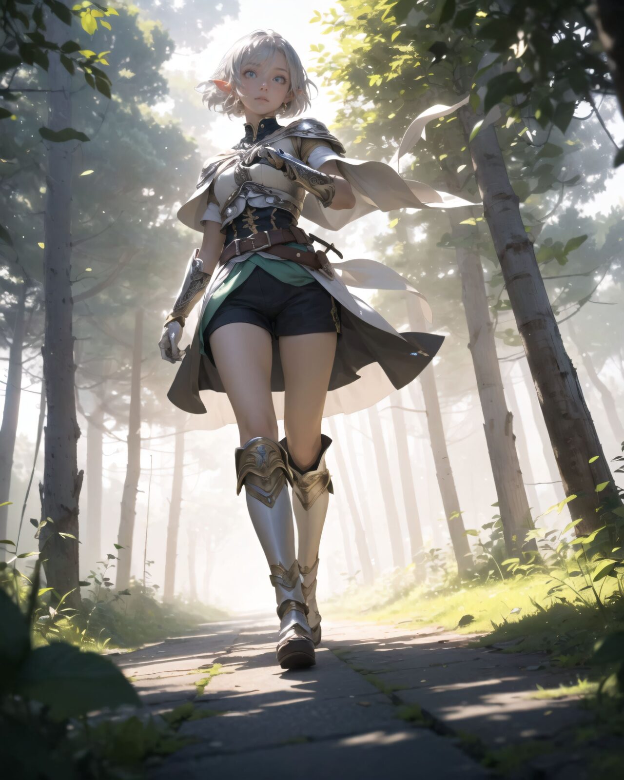(masterpiece:1.3), (best quality:1.3),
((A charming young kawaii ero elven adventurer),
displaying an innocent yet determined expression,
((Her silver short hair flows gently in the wind):1.6),
complementing her deep emerald-green eyes,
She wears a traveler?s outfit inspired by the natural world:
- A fitted forest-green tunic with golden embroidery,
- A brown leather corset belt securing a utility pouch,
- A flowing dark green cape clasped with a golden brooch,
- Dark brown bracers and knee-high leather boots,
- A quiver of arrows slung across her back, a finely crafted elven bow in her hand,
- Gold-trimmed gloves with delicate vine-like patterns.
):1.2,
((dynamic angle shot):1.4),
((
Something is descending in the midst of the fantastic mist.
? Image details
Background:
In a forest where a thin mist is drifting, light particles are faintly descending between the trees.
The soft light creates a fantastic atmosphere through the mist.
The trees in the distance are hazy, creating a fantastic space.
Dew glistens on the roots and leaves of the trees, giving a sense of mysterious humidity.
Pose and expression of Philia:
She cautiously walks through the mist and stops as if she has sensed something.
She gazes at something in the mist with a slightly surprised expression.
She lightly clutches one hand in front of her chest, as if she is trying to decide what to do next.
):2),
Soft natural lighting casts a warm glow on her features, highlighting the intricate details of her attire and accessories.
The image is captured with a cinematic composition, a balance of sharp focus on her expressive face and a blurred, immersive fantasy background
8k, ultra-detailed, intricate, sharp focus, depth-of-field, photorealistic, fantasy art, atmospheric lighting,
(EasyNegativeV2:-1.5), (worst quality, low quality:-1.2), (bad-hands-5:-1.2), (negative_hand-neg:-1.1)