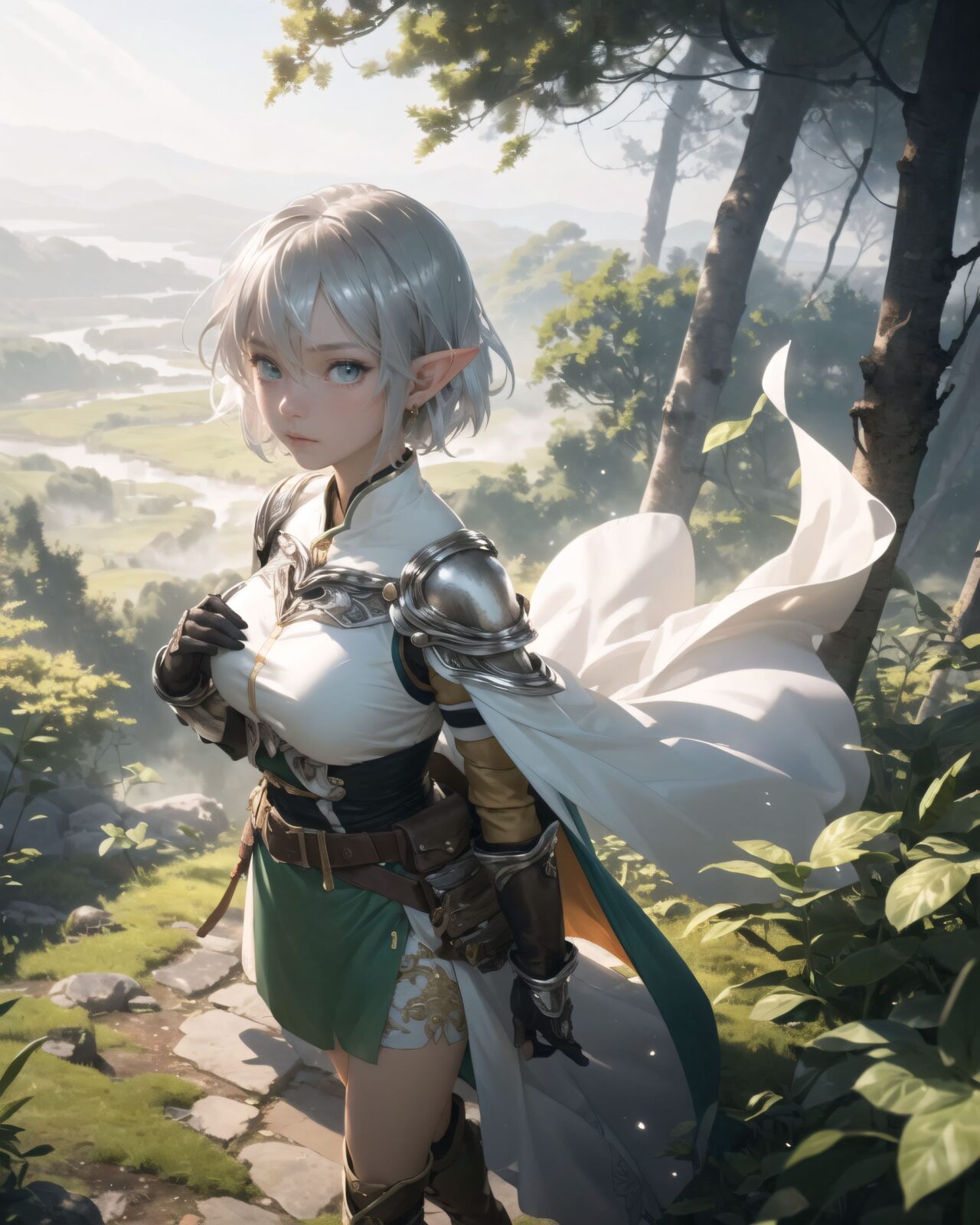 (masterpiece:1.3), (best quality:1.3),
((A charming young kawaii ero elven adventurer),
displaying an innocent yet determined expression,
((Her silver short hair flows gently in the wind):1.6),
complementing her deep emerald-green eyes,
She wears a traveler?s outfit inspired by the natural world:
- A fitted forest-green tunic with golden embroidery,
- A brown leather corset belt securing a utility pouch,
- A flowing dark green cape clasped with a golden brooch,
- Dark brown bracers and knee-high leather boots,
- A quiver of arrows slung across her back, a finely crafted elven bow in her hand,
- Gold-trimmed gloves with delicate vine-like patterns.
):1.2,
((overhead shot):1.4),
((
Something is descending in the midst of the fantastic mist.
? Image details
Background:
In a forest where a thin mist is drifting, light particles are faintly descending between the trees.
The soft light creates a fantastic atmosphere through the mist.
The trees in the distance are hazy, creating a fantastic space.
Dew glistens on the roots and leaves of the trees, giving a sense of mysterious humidity.
Pose and expression of Philia:
She cautiously walks through the mist and stops as if she has sensed something.
She gazes at something in the mist with a slightly surprised expression.
She lightly clutches one hand in front of her chest, as if she is trying to decide what to do next.
):2),
Soft natural lighting casts a warm glow on her features, highlighting the intricate details of her attire and accessories.
The image is captured with a cinematic composition, a balance of sharp focus on her expressive face and a blurred, immersive fantasy background
8k, ultra-detailed, intricate, sharp focus, depth-of-field, photorealistic, fantasy art, atmospheric lighting,
(EasyNegativeV2:-1.5), (worst quality, low quality:-1.2), (bad-hands-5:-1.2), (negative_hand-neg:-1.1)