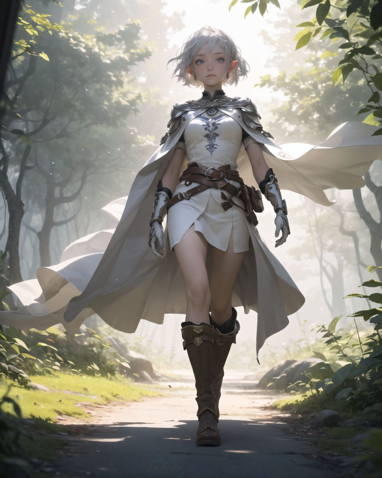 (masterpiece:1.3), (best quality:1.3),
((A charming young kawaii ero elven adventurer),
displaying an innocent yet determined expression,
((Her silver short hair flows gently in the wind):1.6),
complementing her deep emerald-green eyes,
She wears a traveler?s outfit inspired by the natural world:
- A fitted forest-green tunic with golden embroidery,
- A brown leather corset belt securing a utility pouch,
- A flowing dark green cape clasped with a golden brooch,
- Dark brown bracers and knee-high leather boots,
- A quiver of arrows slung across her back, a finely crafted elven bow in her hand,
- Gold-trimmed gloves with delicate vine-like patterns.
):1.2,
((diagonal shot):1.4),
((
Something is descending in the midst of the fantastic mist.
? Image details
Background:
In a forest where a thin mist is drifting, light particles are faintly descending between the trees.
The soft light creates a fantastic atmosphere through the mist.
The trees in the distance are hazy, creating a fantastic space.
Dew glistens on the roots and leaves of the trees, giving a sense of mysterious humidity.
Pose and expression of Philia:
She cautiously walks through the mist and stops as if she has sensed something.
She gazes at something in the mist with a slightly surprised expression.
She lightly clutches one hand in front of her chest, as if she is trying to decide what to do next.
):2),
Soft natural lighting casts a warm glow on her features, highlighting the intricate details of her attire and accessories.
The image is captured with a cinematic composition, a balance of sharp focus on her expressive face and a blurred, immersive fantasy background
8k, ultra-detailed, intricate, sharp focus, depth-of-field, photorealistic, fantasy art, atmospheric lighting,
(EasyNegativeV2:-1.5), (worst quality, low quality:-1.2), (bad-hands-5:-1.2), (negative_hand-neg:-1.1)
