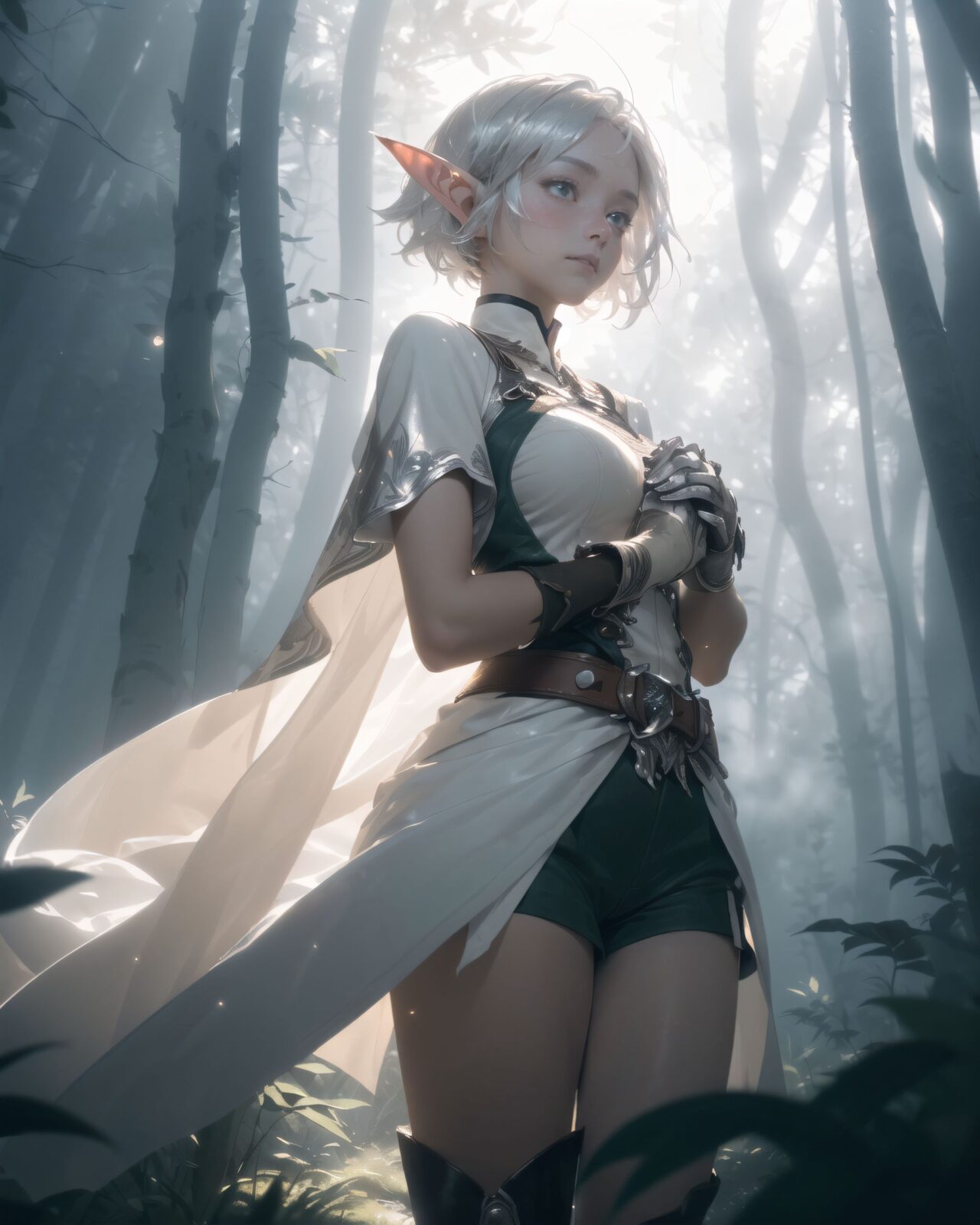 (masterpiece:1.3), (best quality:1.3),
((A charming young kawaii ero elven adventurer),
displaying an innocent yet determined expression,
((Her silver short hair flows gently in the wind):1.6),
complementing her deep emerald-green eyes,
She wears a traveler?s outfit inspired by the natural world:
- A fitted forest-green tunic with golden embroidery,
- A brown leather corset belt securing a utility pouch,
- A flowing dark green cape clasped with a golden brooch,
- Dark brown bracers and knee-high leather boots,
- A quiver of arrows slung across her back, a finely crafted elven bow in her hand,
- Gold-trimmed gloves with delicate vine-like patterns.
):1.2,
((cowboy shot):1.4),
((
Light in the Fog
In the forest, where a thin mist drifts through the air, light particles fall down from between the trees. The soft light creates a fantastic atmosphere through the mist. The trees in the distance are seen hazily, creating a fantastic space. Dew glistens on the roots and leaves of the trees, giving a sense of mysterious humidity.
Philia cautiously moves through the mist and stops as if she has sensed something. She gazes at something in the mist with a slightly surprised expression. She lightly clutches one hand in front of her chest, as if she is trying to decide what to do next.
):2),
Soft natural lighting casts a warm glow on her features, highlighting the intricate details of her attire and accessories.
The image is captured with a cinematic composition, a balance of sharp focus on her expressive face and a blurred, immersive fantasy background
8k, ultra-detailed, intricate, sharp focus, depth-of-field, photorealistic, fantasy art, atmospheric lighting,
(EasyNegativeV2:-1.5), (worst quality, low quality:-1.2), (bad-hands-5:-1.2), (negative_hand-neg:-1.1)