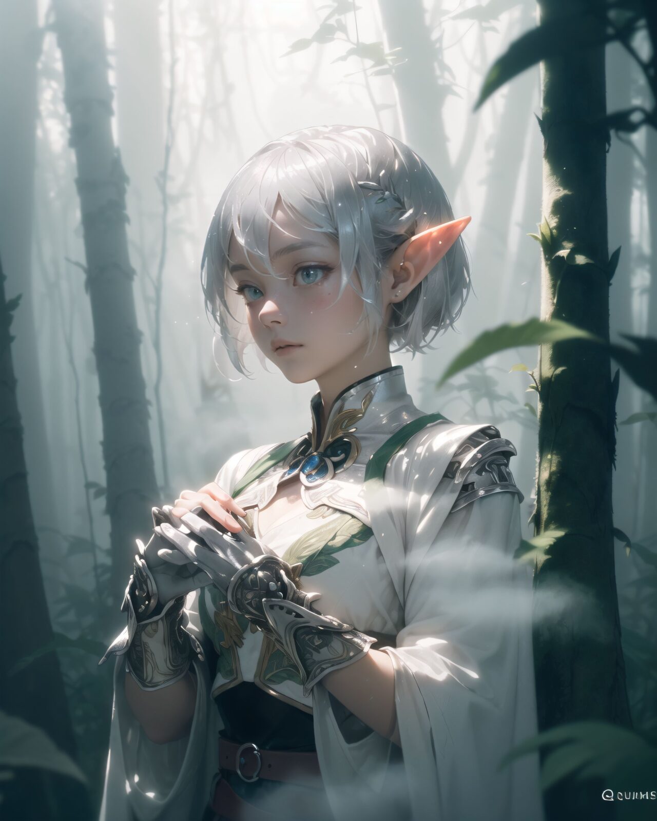 (masterpiece:1.3), (best quality:1.3),
((A charming young kawaii ero elven adventurer),
displaying an innocent yet determined expression,
((Her silver short hair flows gently in the wind):1.6),
complementing her deep emerald-green eyes,
She wears a traveler?s outfit inspired by the natural world:
- A fitted forest-green tunic with golden embroidery,
- A brown leather corset belt securing a utility pouch,
- A flowing dark green cape clasped with a golden brooch,
- Dark brown bracers and knee-high leather boots,
- A quiver of arrows slung across her back, a finely crafted elven bow in her hand,
- Gold-trimmed gloves with delicate vine-like patterns.
):1.2,
((upper body shot):1.4),
((
Light in the Fog
In the forest, where a thin mist drifts through the air, light particles fall down from between the trees. The soft light creates a fantastic atmosphere through the mist. The trees in the distance are seen hazily, creating a fantastic space. Dew glistens on the roots and leaves of the trees, giving a sense of mysterious humidity.
Philia cautiously moves through the mist and stops as if she has sensed something. She gazes at something in the mist with a slightly surprised expression. She lightly clutches one hand in front of her chest, as if she is trying to decide what to do next.
):2),
Soft natural lighting casts a warm glow on her features, highlighting the intricate details of her attire and accessories.
The image is captured with a cinematic composition, a balance of sharp focus on her expressive face and a blurred, immersive fantasy background
8k, ultra-detailed, intricate, sharp focus, depth-of-field, photorealistic, fantasy art, atmospheric lighting,
(EasyNegativeV2:-1.5), (worst quality, low quality:-1.2), (bad-hands-5:-1.2), (negative_hand-neg:-1.1)