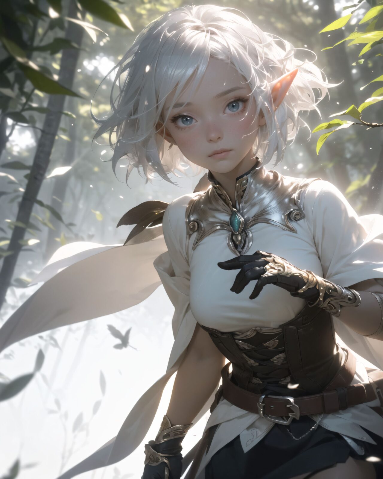 (masterpiece:1.3), (best quality:1.3),
((A charming young kawaii ero elven adventurer),
displaying an innocent yet determined expression,
((Her silver short hair flows gently in the wind):1.6),
complementing her deep emerald-green eyes,
She wears a traveler?s outfit inspired by the natural world:
- A fitted forest-green tunic with golden embroidery,
- A brown leather corset belt securing a utility pouch,
- A flowing dark green cape clasped with a golden brooch,
- Dark brown bracers and knee-high leather boots,
- A quiver of arrows slung across her back, a finely crafted elven bow in her hand,
- Gold-trimmed gloves with delicate vine-like patterns.
):1.2,
((close-up shot):1.4),
((
Light in the Fog
In the forest, where a thin mist drifts through the air, light particles fall down from between the trees. The soft light creates a fantastic atmosphere through the mist. The trees in the distance are seen hazily, creating a fantastic space. Dew glistens on the roots and leaves of the trees, giving a sense of mysterious humidity.
Philia cautiously moves through the mist and stops as if she has sensed something. She gazes at something in the mist with a slightly surprised expression. She lightly clutches one hand in front of her chest, as if she is trying to decide what to do next.
):2),
Soft natural lighting casts a warm glow on her features, highlighting the intricate details of her attire and accessories.
The image is captured with a cinematic composition, a balance of sharp focus on her expressive face and a blurred, immersive fantasy background
8k, ultra-detailed, intricate, sharp focus, depth-of-field, photorealistic, fantasy art, atmospheric lighting,
(EasyNegativeV2:-1.5), (worst quality, low quality:-1.2), (bad-hands-5:-1.2), (negative_hand-neg:-1.1)