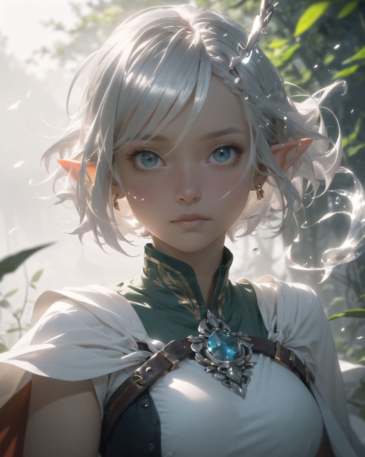 (masterpiece:1.3), (best quality:1.3),
((A charming young kawaii ero elven adventurer),
displaying an innocent yet determined expression,
((Her silver short hair flows gently in the wind):1.6),
complementing her deep emerald-green eyes,
She wears a traveler?s outfit inspired by the natural world:
- A fitted forest-green tunic with golden embroidery,
- A brown leather corset belt securing a utility pouch,
- A flowing dark green cape clasped with a golden brooch,
- Dark brown bracers and knee-high leather boots,
- A quiver of arrows slung across her back, a finely crafted elven bow in her hand,
- Gold-trimmed gloves with delicate vine-like patterns.
):1.2,
((close-up of face):1.4),
((
Light in the Fog
In the forest, where a thin mist drifts through the air, light particles fall down from between the trees. The soft light creates a fantastic atmosphere through the mist. The trees in the distance are seen hazily, creating a fantastic space. Dew glistens on the roots and leaves of the trees, giving a sense of mysterious humidity.
Philia cautiously moves through the mist and stops as if she has sensed something. She gazes at something in the mist with a slightly surprised expression. She lightly clutches one hand in front of her chest, as if she is trying to decide what to do next.
):2),
Soft natural lighting casts a warm glow on her features, highlighting the intricate details of her attire and accessories.
The image is captured with a cinematic composition, a balance of sharp focus on her expressive face and a blurred, immersive fantasy background
8k, ultra-detailed, intricate, sharp focus, depth-of-field, photorealistic, fantasy art, atmospheric lighting,
(EasyNegativeV2:-1.5), (worst quality, low quality:-1.2), (bad-hands-5:-1.2), (negative_hand-neg:-1.1)