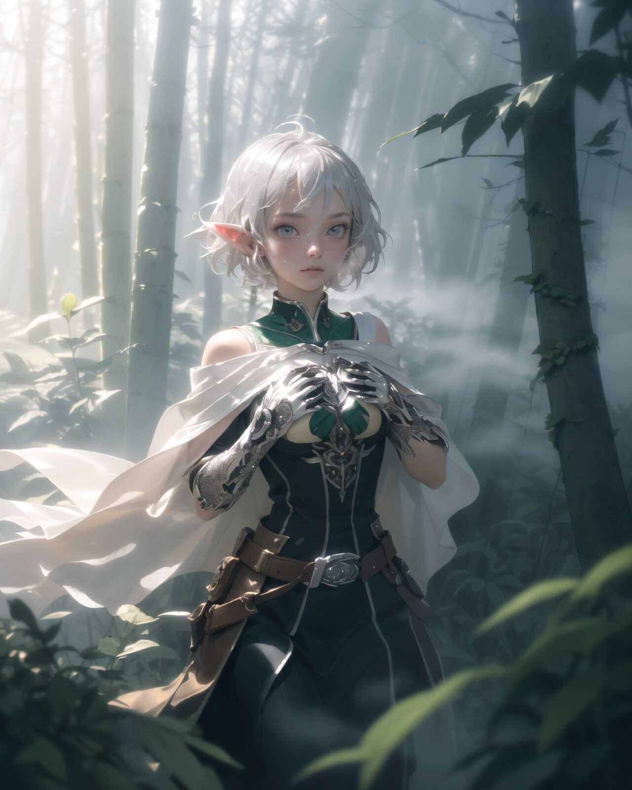 (masterpiece:1.3), (best quality:1.3),
((A charming young kawaii ero elven adventurer),
displaying an innocent yet determined expression,
((Her silver short hair flows gently in the wind):1.6),
complementing her deep emerald-green eyes,
She wears a traveler?s outfit inspired by the natural world:
- A fitted forest-green tunic with golden embroidery,
- A brown leather corset belt securing a utility pouch,
- A flowing dark green cape clasped with a golden brooch,
- Dark brown bracers and knee-high leather boots,
- A quiver of arrows slung across her back, a finely crafted elven bow in her hand,
- Gold-trimmed gloves with delicate vine-like patterns.
):1.2,
((dynamic angle shot):1.4),
((
Light in the Fog
In the forest, where a thin mist drifts through the air, light particles fall down from between the trees. The soft light creates a fantastic atmosphere through the mist. The trees in the distance are seen hazily, creating a fantastic space. Dew glistens on the roots and leaves of the trees, giving a sense of mysterious humidity.
Philia cautiously moves through the mist and stops as if she has sensed something. She gazes at something in the mist with a slightly surprised expression. She lightly clutches one hand in front of her chest, as if she is trying to decide what to do next.
):2),
Soft natural lighting casts a warm glow on her features, highlighting the intricate details of her attire and accessories.
The image is captured with a cinematic composition, a balance of sharp focus on her expressive face and a blurred, immersive fantasy background
8k, ultra-detailed, intricate, sharp focus, depth-of-field, photorealistic, fantasy art, atmospheric lighting,
(EasyNegativeV2:-1.5), (worst quality, low quality:-1.2), (bad-hands-5:-1.2), (negative_hand-neg:-1.1)