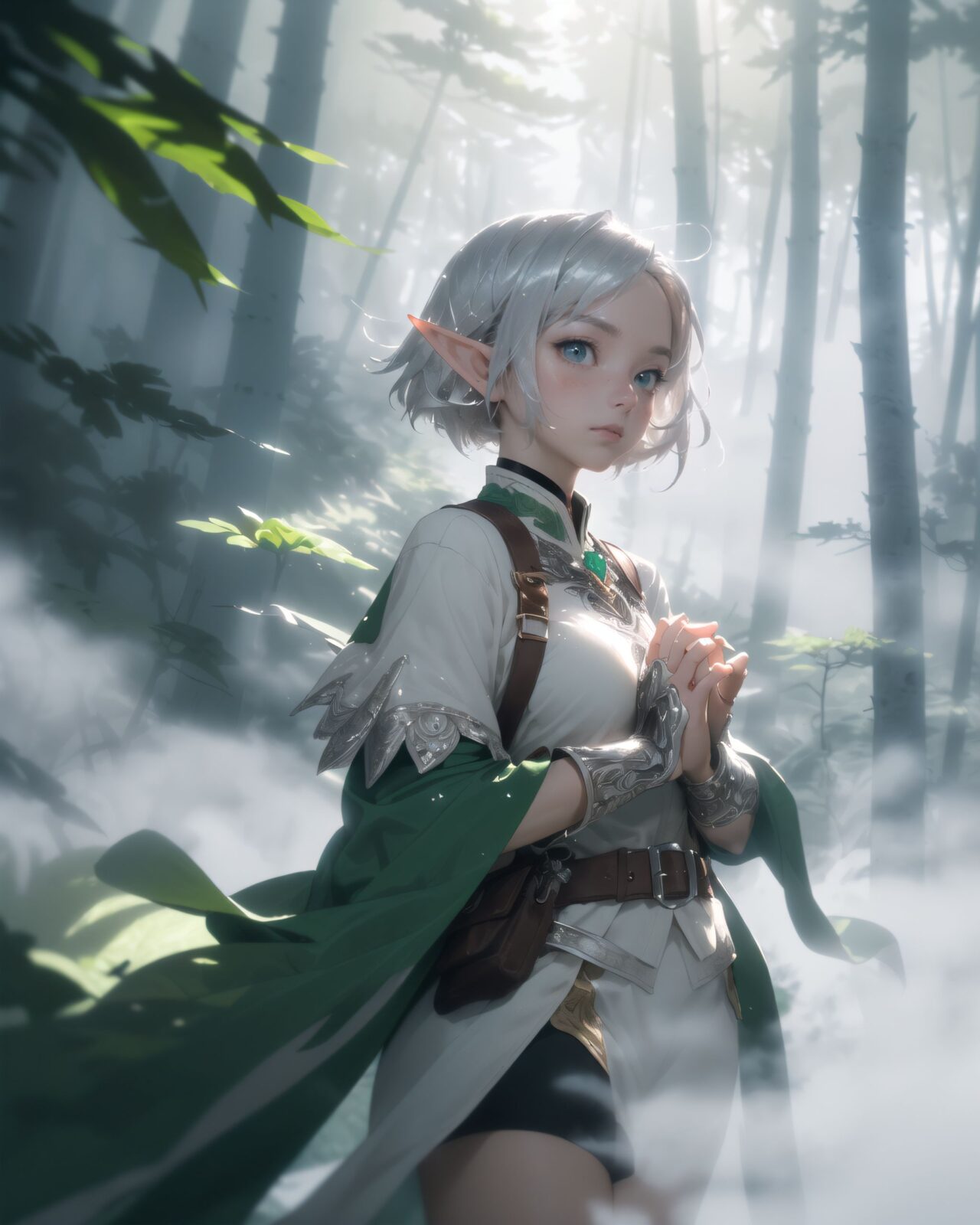 (masterpiece:1.3), (best quality:1.3),
((A charming young kawaii ero elven adventurer),
displaying an innocent yet determined expression,
((Her silver short hair flows gently in the wind):1.6),
complementing her deep emerald-green eyes,
She wears a traveler?s outfit inspired by the natural world:
- A fitted forest-green tunic with golden embroidery,
- A brown leather corset belt securing a utility pouch,
- A flowing dark green cape clasped with a golden brooch,
- Dark brown bracers and knee-high leather boots,
- A quiver of arrows slung across her back, a finely crafted elven bow in her hand,
- Gold-trimmed gloves with delicate vine-like patterns.
):1.2,
((powerful angle shot):1.4),
((
Light in the Fog
In the forest, where a thin mist drifts through the air, light particles fall down from between the trees. The soft light creates a fantastic atmosphere through the mist. The trees in the distance are seen hazily, creating a fantastic space. Dew glistens on the roots and leaves of the trees, giving a sense of mysterious humidity.
Philia cautiously moves through the mist and stops as if she has sensed something. She gazes at something in the mist with a slightly surprised expression. She lightly clutches one hand in front of her chest, as if she is trying to decide what to do next.
):2),
Soft natural lighting casts a warm glow on her features, highlighting the intricate details of her attire and accessories.
The image is captured with a cinematic composition, a balance of sharp focus on her expressive face and a blurred, immersive fantasy background
8k, ultra-detailed, intricate, sharp focus, depth-of-field, photorealistic, fantasy art, atmospheric lighting,
(EasyNegativeV2:-1.5), (worst quality, low quality:-1.2), (bad-hands-5:-1.2), (negative_hand-neg:-1.1)