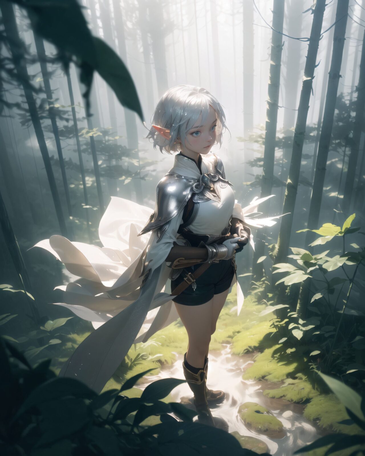 (masterpiece:1.3), (best quality:1.3),
((A charming young kawaii ero elven adventurer),
displaying an innocent yet determined expression,
((Her silver short hair flows gently in the wind):1.6),
complementing her deep emerald-green eyes,
She wears a traveler?s outfit inspired by the natural world:
- A fitted forest-green tunic with golden embroidery,
- A brown leather corset belt securing a utility pouch,
- A flowing dark green cape clasped with a golden brooch,
- Dark brown bracers and knee-high leather boots,
- A quiver of arrows slung across her back, a finely crafted elven bow in her hand,
- Gold-trimmed gloves with delicate vine-like patterns.
):1.2,
((overhead shot):1.4),
((
Light in the Fog
In the forest, where a thin mist drifts through the air, light particles fall down from between the trees. The soft light creates a fantastic atmosphere through the mist. The trees in the distance are seen hazily, creating a fantastic space. Dew glistens on the roots and leaves of the trees, giving a sense of mysterious humidity.
Philia cautiously moves through the mist and stops as if she has sensed something. She gazes at something in the mist with a slightly surprised expression. She lightly clutches one hand in front of her chest, as if she is trying to decide what to do next.
):2),
Soft natural lighting casts a warm glow on her features, highlighting the intricate details of her attire and accessories.
The image is captured with a cinematic composition, a balance of sharp focus on her expressive face and a blurred, immersive fantasy background
8k, ultra-detailed, intricate, sharp focus, depth-of-field, photorealistic, fantasy art, atmospheric lighting,
(EasyNegativeV2:-1.5), (worst quality, low quality:-1.2), (bad-hands-5:-1.2), (negative_hand-neg:-1.1)