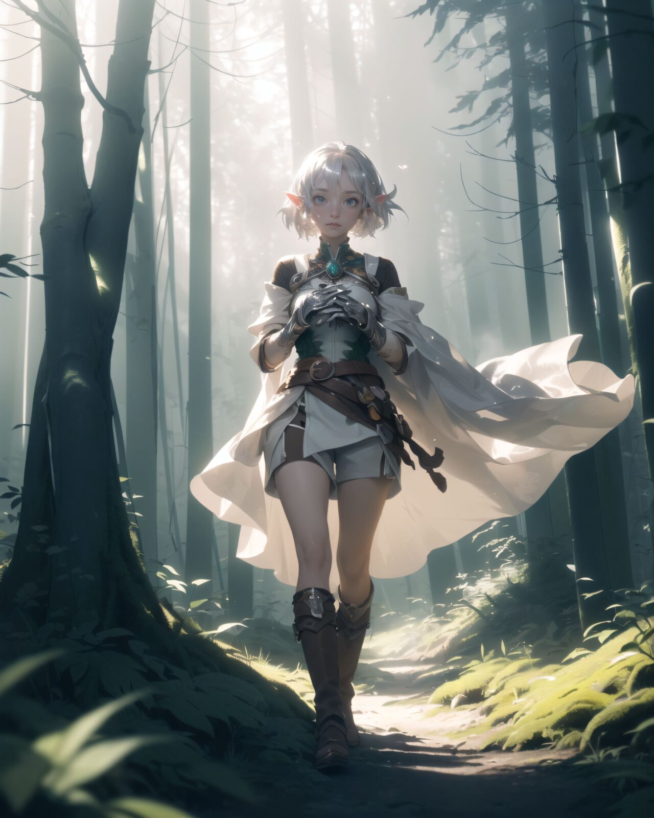 (masterpiece:1.3), (best quality:1.3),
((A charming young kawaii ero elven adventurer),
displaying an innocent yet determined expression,
((Her silver short hair flows gently in the wind):1.6),
complementing her deep emerald-green eyes,
She wears a traveler?s outfit inspired by the natural world:
- A fitted forest-green tunic with golden embroidery,
- A brown leather corset belt securing a utility pouch,
- A flowing dark green cape clasped with a golden brooch,
- Dark brown bracers and knee-high leather boots,
- A quiver of arrows slung across her back, a finely crafted elven bow in her hand,
- Gold-trimmed gloves with delicate vine-like patterns.
):1.2,
((diagonal shot):1.4),
((
Light in the Fog
In the forest, where a thin mist drifts through the air, light particles fall down from between the trees. The soft light creates a fantastic atmosphere through the mist. The trees in the distance are seen hazily, creating a fantastic space. Dew glistens on the roots and leaves of the trees, giving a sense of mysterious humidity.
Philia cautiously moves through the mist and stops as if she has sensed something. She gazes at something in the mist with a slightly surprised expression. She lightly clutches one hand in front of her chest, as if she is trying to decide what to do next.
):2),
Soft natural lighting casts a warm glow on her features, highlighting the intricate details of her attire and accessories.
The image is captured with a cinematic composition, a balance of sharp focus on her expressive face and a blurred, immersive fantasy background
8k, ultra-detailed, intricate, sharp focus, depth-of-field, photorealistic, fantasy art, atmospheric lighting,
(EasyNegativeV2:-1.5), (worst quality, low quality:-1.2), (bad-hands-5:-1.2), (negative_hand-neg:-1.1)