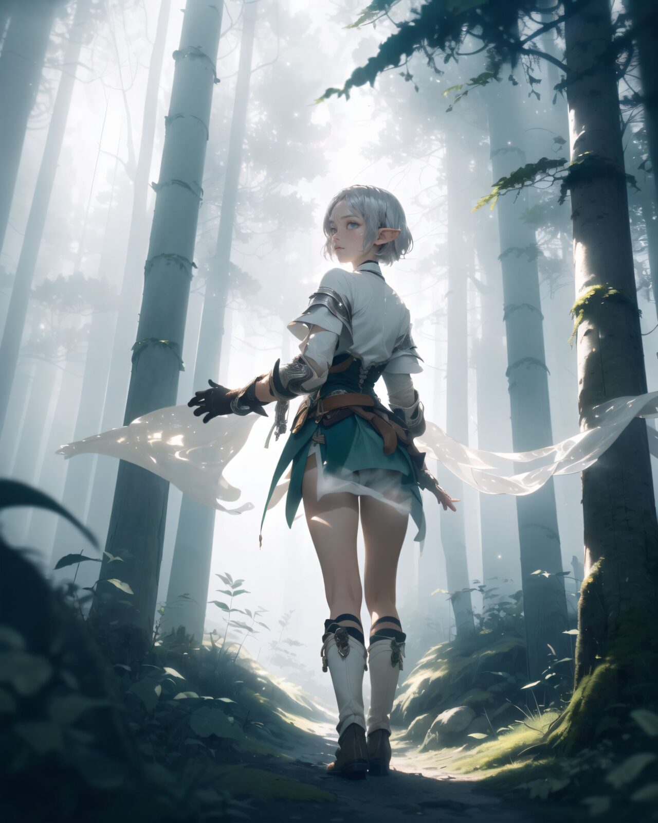 (masterpiece:1.3), (best quality:1.3),
((A charming young kawaii ero elven adventurer),
displaying an innocent yet determined expression,
((Her silver short hair flows gently in the wind):1.6),
complementing her deep emerald-green eyes,
She wears a traveler?s outfit inspired by the natural world:
- A fitted forest-green tunic with golden embroidery,
- A brown leather corset belt securing a utility pouch,
- A flowing dark green cape clasped with a golden brooch,
- Dark brown bracers and knee-high leather boots,
- A quiver of arrows slung across her back, a finely crafted elven bow in her hand,
- Gold-trimmed gloves with delicate vine-like patterns.
):1.2,
((shot from behind):1.4),
((
Light in the Fog
In the forest, where a thin mist drifts through the air, light particles fall down from between the trees. The soft light creates a fantastic atmosphere through the mist. The trees in the distance are seen hazily, creating a fantastic space. Dew glistens on the roots and leaves of the trees, giving a sense of mysterious humidity.
Philia cautiously moves through the mist and stops as if she has sensed something. She gazes at something in the mist with a slightly surprised expression. She lightly clutches one hand in front of her chest, as if she is trying to decide what to do next.
):2),
Soft natural lighting casts a warm glow on her features, highlighting the intricate details of her attire and accessories.
The image is captured with a cinematic composition, a balance of sharp focus on her expressive face and a blurred, immersive fantasy background
8k, ultra-detailed, intricate, sharp focus, depth-of-field, photorealistic, fantasy art, atmospheric lighting,
(EasyNegativeV2:-1.5), (worst quality, low quality:-1.2), (bad-hands-5:-1.2), (negative_hand-neg:-1.1)