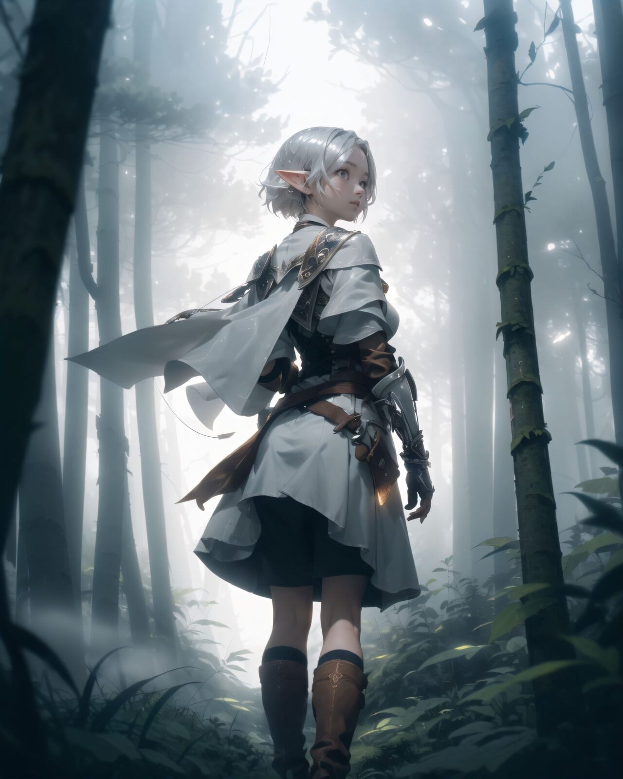 (masterpiece:1.3), (best quality:1.3),
((A charming young kawaii ero elven adventurer),
displaying an innocent yet determined expression,
((Her silver short hair flows gently in the wind):1.6),
complementing her deep emerald-green eyes,
She wears a traveler?s outfit inspired by the natural world:
- A fitted forest-green tunic with golden embroidery,
- A brown leather corset belt securing a utility pouch,
- A flowing dark green cape clasped with a golden brooch,
- Dark brown bracers and knee-high leather boots,
- A quiver of arrows slung across her back, a finely crafted elven bow in her hand,
- Gold-trimmed gloves with delicate vine-like patterns.
):1.2,
((shot of back):1.4),
((
Light in the Fog
In the forest, where a thin mist drifts through the air, light particles fall down from between the trees. The soft light creates a fantastic atmosphere through the mist. The trees in the distance are seen hazily, creating a fantastic space. Dew glistens on the roots and leaves of the trees, giving a sense of mysterious humidity.
Philia cautiously moves through the mist and stops as if she has sensed something. She gazes at something in the mist with a slightly surprised expression. She lightly clutches one hand in front of her chest, as if she is trying to decide what to do next.
):2),
Soft natural lighting casts a warm glow on her features, highlighting the intricate details of her attire and accessories.
The image is captured with a cinematic composition, a balance of sharp focus on her expressive face and a blurred, immersive fantasy background
8k, ultra-detailed, intricate, sharp focus, depth-of-field, photorealistic, fantasy art, atmospheric lighting,
(EasyNegativeV2:-1.5), (worst quality, low quality:-1.2), (bad-hands-5:-1.2), (negative_hand-neg:-1.1)