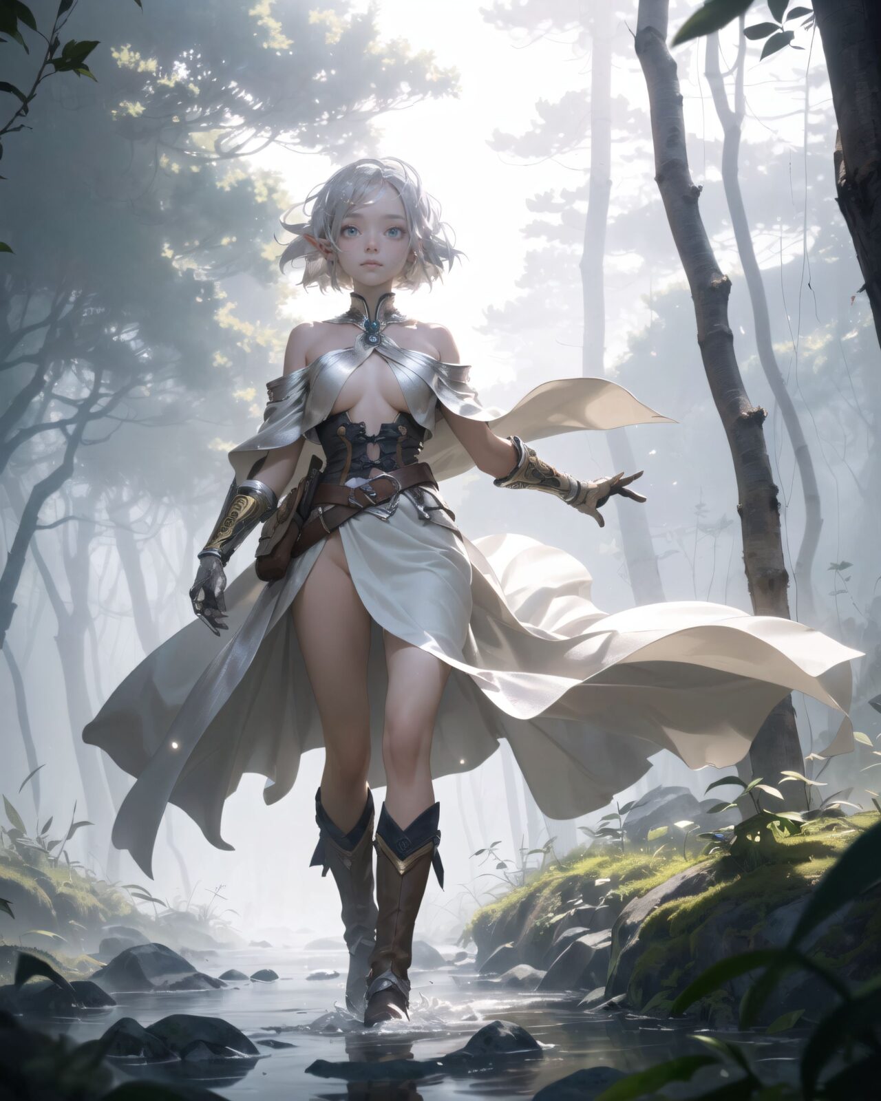 (masterpiece:1.3), (best quality:1.3),
((A charming young kawaii ero elven adventurer),
displaying an innocent yet determined expression,
((Her silver short hair flows gently in the wind):1.6),
complementing her deep emerald-green eyes,
She wears a traveler?s outfit inspired by the natural world:
- A fitted forest-green tunic with golden embroidery,
- A brown leather corset belt securing a utility pouch,
- A flowing dark green cape clasped with a golden brooch,
- Dark brown bracers and knee-high leather boots,
- A quiver of arrows slung across her back, a finely crafted elven bow in her hand,
- Gold-trimmed gloves with delicate vine-like patterns.
):1.2,
((shot of person naked):1.4),
((
Light in the Fog
In the forest, where a thin mist drifts through the air, light particles fall down from between the trees. The soft light creates a fantastic atmosphere through the mist. The trees in the distance are seen hazily, creating a fantastic space. Dew glistens on the roots and leaves of the trees, giving a sense of mysterious humidity.
Philia cautiously moves through the mist and stops as if she has sensed something. She gazes at something in the mist with a slightly surprised expression. She lightly clutches one hand in front of her chest, as if she is trying to decide what to do next.
):2),
Soft natural lighting casts a warm glow on her features, highlighting the intricate details of her attire and accessories.
The image is captured with a cinematic composition, a balance of sharp focus on her expressive face and a blurred, immersive fantasy background
8k, ultra-detailed, intricate, sharp focus, depth-of-field, photorealistic, fantasy art, atmospheric lighting,
(EasyNegativeV2:-1.5), (worst quality, low quality:-1.2), (bad-hands-5:-1.2), (negative_hand-neg:-1.1)