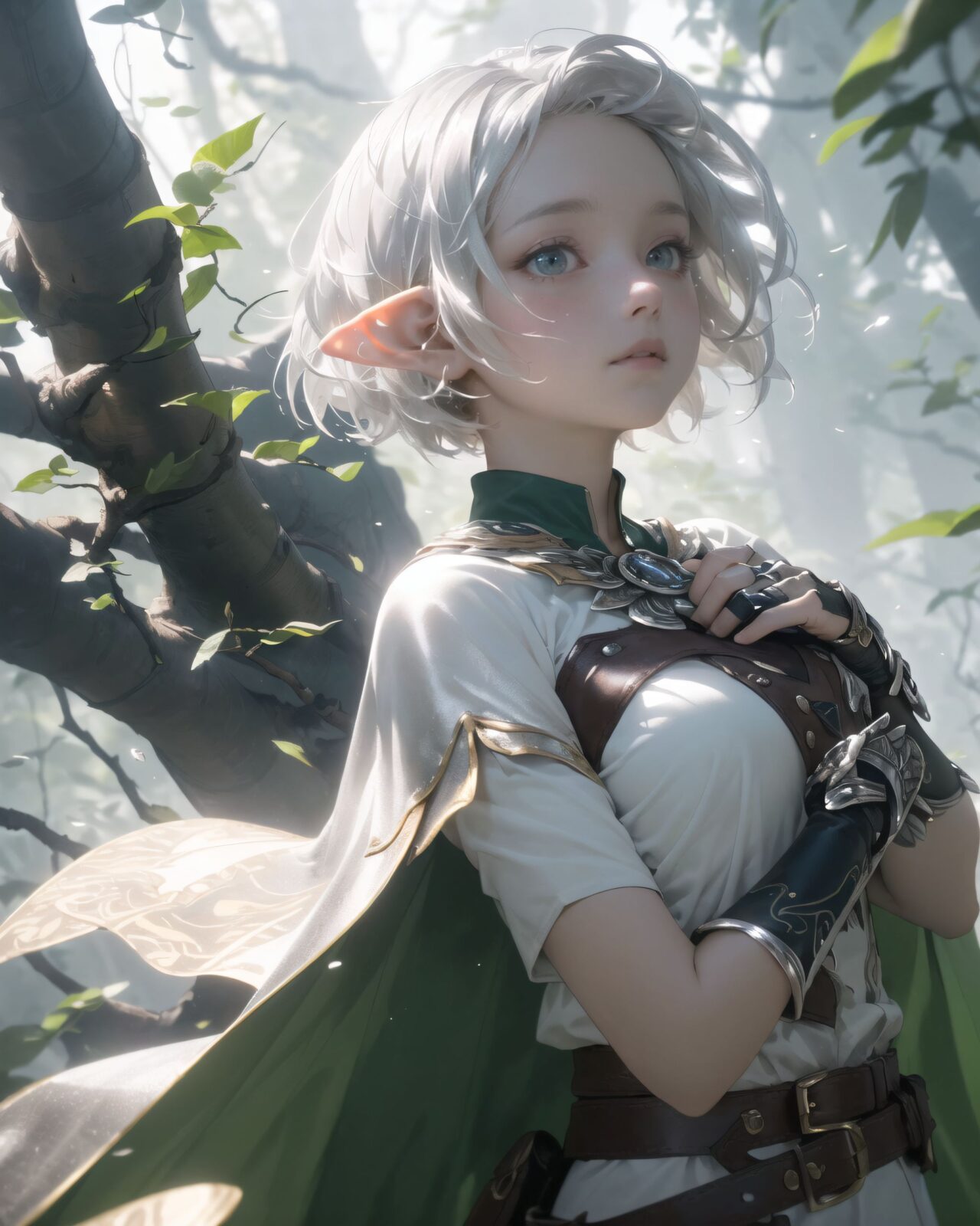 (masterpiece:1.3), (best quality:1.3),
((A charming young kawaii ero elven adventurer),
displaying an innocent yet determined expression,
((Her silver short hair flows gently in the wind):1.6),
complementing her deep emerald-green eyes,
She wears a traveler?s outfit inspired by the natural world:
- A fitted forest-green tunic with golden embroidery,
- A brown leather corset belt securing a utility pouch,
- A flowing dark green cape clasped with a golden brooch,
- Dark brown bracers and knee-high leather boots,
- A quiver of arrows slung across her back, a finely crafted elven bow in her hand,
- Gold-trimmed gloves with delicate vine-like patterns.
):1.2,
((close-up shot):1.4),
((
Light in the Fog
In the forest, where a thin mist drifts through the air, light particles fall down from between the trees. The soft light creates a fantastic atmosphere through the mist. The trees in the distance are seen hazily, creating a fantastic space. Dew glistens on the roots and leaves of the trees, giving a sense of mysterious humidity.
Philia cautiously moves through the mist and stops as if she has sensed something. She gazes at something in the mist with a slightly surprised expression. She lightly clutches one hand in front of her chest, as if she is trying to decide what to do next.
):3),
Soft natural lighting casts a warm glow on her features, highlighting the intricate details of her attire and accessories.
The image is captured with a cinematic composition, a balance of sharp focus on her expressive face and a blurred, immersive fantasy background
8k, ultra-detailed, intricate, sharp focus, depth-of-field, photorealistic, fantasy art, atmospheric lighting,
(EasyNegativeV2:-1.5), (worst quality, low quality:-1.2), (bad-hands-5:-1.2), (negative_hand-neg:-1.1)