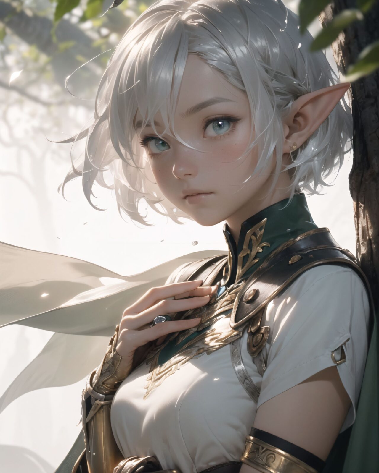 (masterpiece:1.3), (best quality:1.3),
((A charming young kawaii ero elven adventurer),
displaying an innocent yet determined expression,
((Her silver short hair flows gently in the wind):1.6),
complementing her deep emerald-green eyes,
She wears a traveler?s outfit inspired by the natural world:
- A fitted forest-green tunic with golden embroidery,
- A brown leather corset belt securing a utility pouch,
- A flowing dark green cape clasped with a golden brooch,
- Dark brown bracers and knee-high leather boots,
- A quiver of arrows slung across her back, a finely crafted elven bow in her hand,
- Gold-trimmed gloves with delicate vine-like patterns.
):1.2,
((close-up of face):1.4),
((
Light in the Fog
In the forest, where a thin mist drifts through the air, light particles fall down from between the trees. The soft light creates a fantastic atmosphere through the mist. The trees in the distance are seen hazily, creating a fantastic space. Dew glistens on the roots and leaves of the trees, giving a sense of mysterious humidity.
Philia cautiously moves through the mist and stops as if she has sensed something. She gazes at something in the mist with a slightly surprised expression. She lightly clutches one hand in front of her chest, as if she is trying to decide what to do next.
):3),
Soft natural lighting casts a warm glow on her features, highlighting the intricate details of her attire and accessories.
The image is captured with a cinematic composition, a balance of sharp focus on her expressive face and a blurred, immersive fantasy background
8k, ultra-detailed, intricate, sharp focus, depth-of-field, photorealistic, fantasy art, atmospheric lighting,
(EasyNegativeV2:-1.5), (worst quality, low quality:-1.2), (bad-hands-5:-1.2), (negative_hand-neg:-1.1)