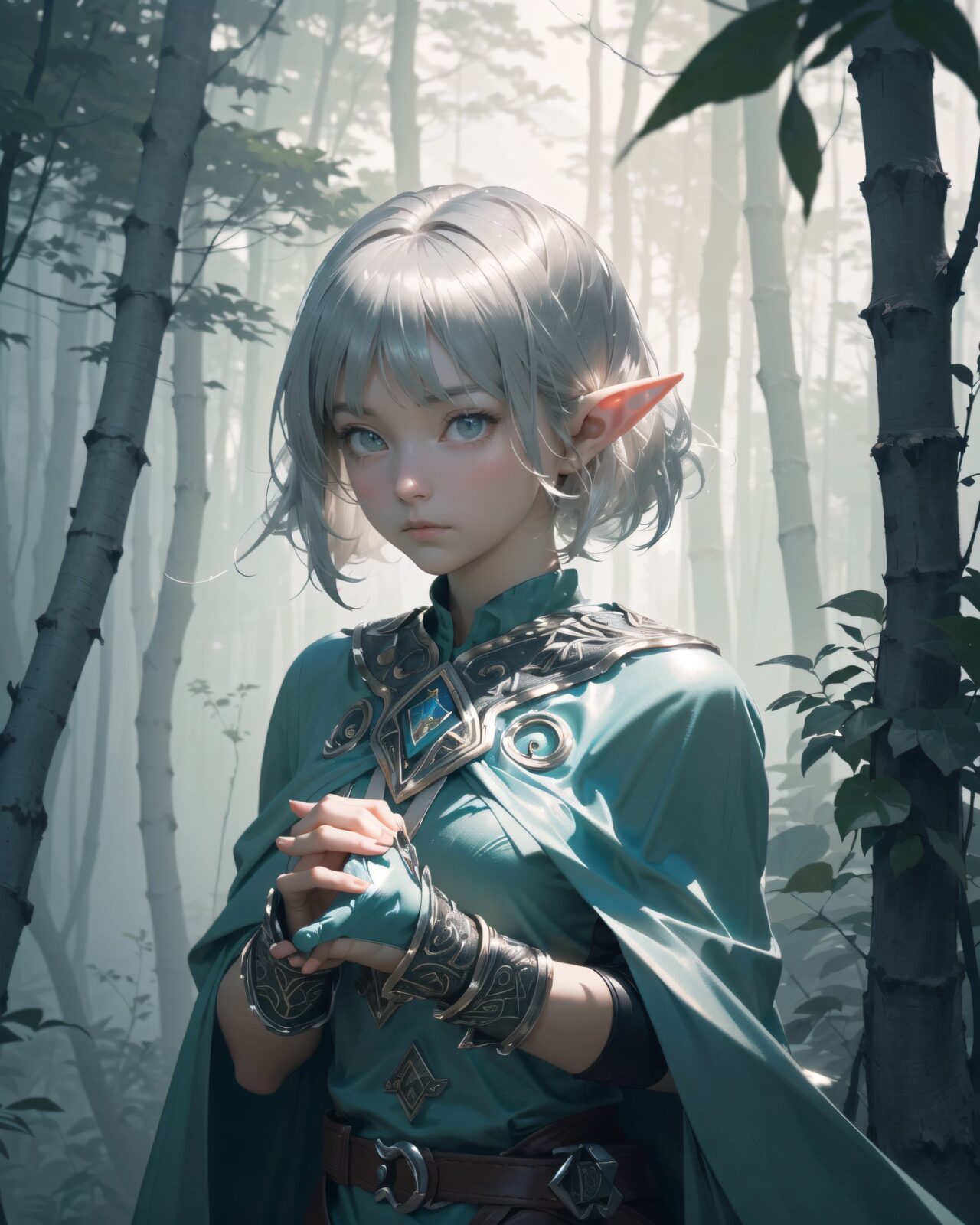 (masterpiece:1.3), (best quality:1.3),
((A charming young kawaii ero elven adventurer),
displaying an innocent yet determined expression,
((Her silver short hair flows gently in the wind):1.6),
complementing her deep emerald-green eyes,
She wears a traveler?s outfit inspired by the natural world:
- A fitted forest-green tunic with golden embroidery,
- A brown leather corset belt securing a utility pouch,
- A flowing dark green cape clasped with a golden brooch,
- Dark brown bracers and knee-high leather boots,
- A quiver of arrows slung across her back, a finely crafted elven bow in her hand,
- Gold-trimmed gloves with delicate vine-like patterns.
):1.2,
((upper body shot):1.4),
((
((A mystical elven adventurer standing in a dense, fog-covered forest)), her deep emerald-green eyes wide with confusion and fear. The eerie, silvery mist swirls around her, distorting reality, forming ghostly figures and illusions.
((A spectral vision of a loved one from her past appears before her, their form flickering and translucent, with an unsettling, unnatural glow)), whispering unheard words.
Filia?s delicate silver hair is slightly damp from the mist, strands clinging to her face. Her traveler?s cloak flows behind her, subtly moving with the wind.
She cautiously reaches out a trembling hand, her expression filled with hesitation and disbelief.
The dim light filters through the towering, twisted trees, casting elongated shadows that seem to shift unnaturally.
The background is an ethereal blend of deep green and muted blue tones, with hints of glowing runes faintly appearing on the mist?s surface.
):3),
Soft natural lighting casts a warm glow on her features, highlighting the intricate details of her attire and accessories.
The image is captured with a cinematic composition, a balance of sharp focus on her expressive face and a blurred, immersive fantasy background
8k, ultra-detailed, intricate, sharp focus, depth-of-field, photorealistic, fantasy art, atmospheric lighting,
(EasyNegativeV2:-1.5), (worst quality, low quality:-1.2), (bad-hands-5:-1.2), (negative_hand-neg:-1.1)