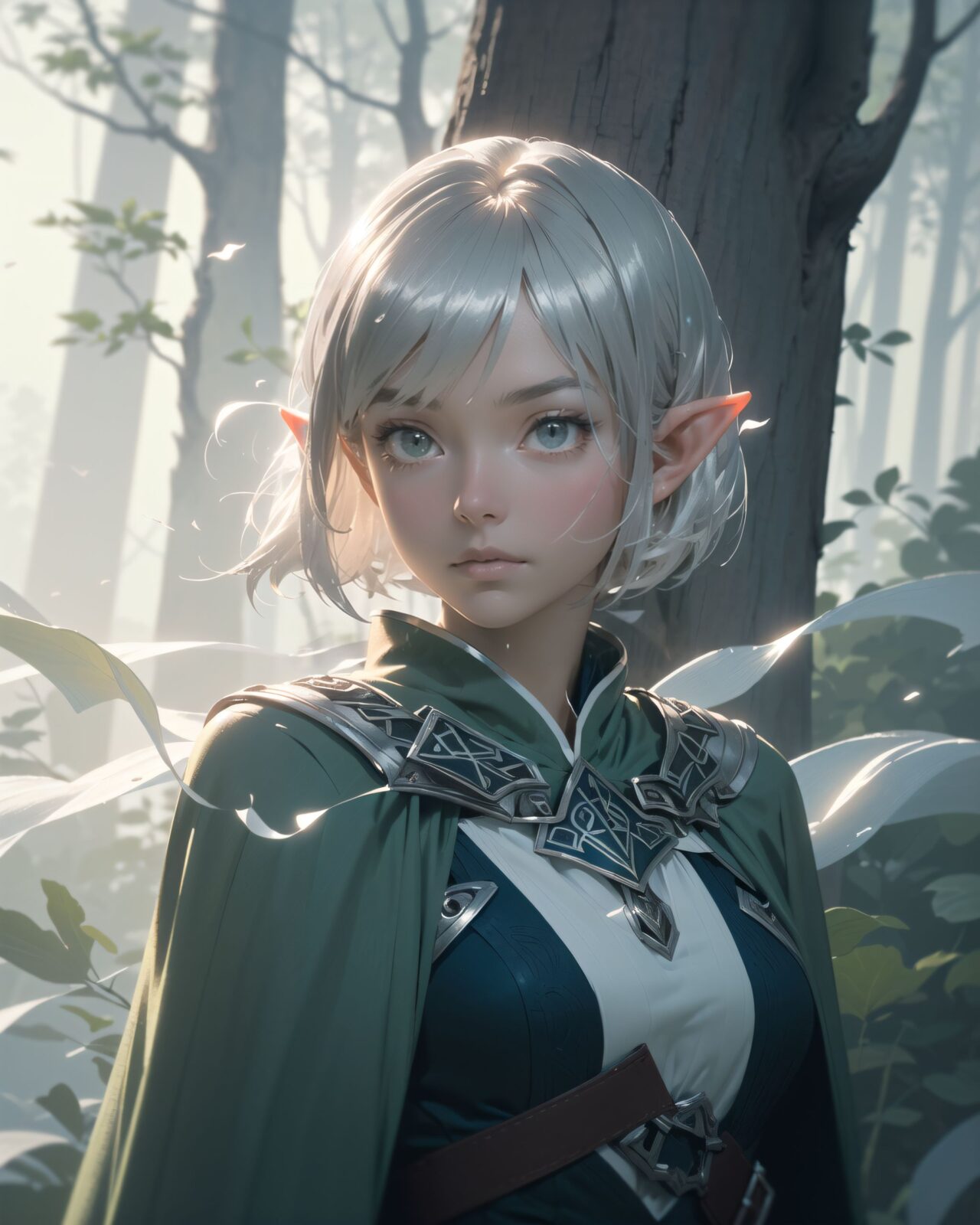 (masterpiece:1.3), (best quality:1.3),
((A charming young kawaii ero elven adventurer),
displaying an innocent yet determined expression,
((Her silver short hair flows gently in the wind):1.6),
complementing her deep emerald-green eyes,
She wears a traveler?s outfit inspired by the natural world:
- A fitted forest-green tunic with golden embroidery,
- A brown leather corset belt securing a utility pouch,
- A flowing dark green cape clasped with a golden brooch,
- Dark brown bracers and knee-high leather boots,
- A quiver of arrows slung across her back, a finely crafted elven bow in her hand,
- Gold-trimmed gloves with delicate vine-like patterns.
):1.2,
((close-up of face):1.4),
((
((A mystical elven adventurer standing in a dense, fog-covered forest)), her deep emerald-green eyes wide with confusion and fear. The eerie, silvery mist swirls around her, distorting reality, forming ghostly figures and illusions.
((A spectral vision of a loved one from her past appears before her, their form flickering and translucent, with an unsettling, unnatural glow)), whispering unheard words.
Filia?s delicate silver hair is slightly damp from the mist, strands clinging to her face. Her traveler?s cloak flows behind her, subtly moving with the wind.
She cautiously reaches out a trembling hand, her expression filled with hesitation and disbelief.
The dim light filters through the towering, twisted trees, casting elongated shadows that seem to shift unnaturally.
The background is an ethereal blend of deep green and muted blue tones, with hints of glowing runes faintly appearing on the mist?s surface.
):3),
Soft natural lighting casts a warm glow on her features, highlighting the intricate details of her attire and accessories.
The image is captured with a cinematic composition, a balance of sharp focus on her expressive face and a blurred, immersive fantasy background
8k, ultra-detailed, intricate, sharp focus, depth-of-field, photorealistic, fantasy art, atmospheric lighting,
(EasyNegativeV2:-1.5), (worst quality, low quality:-1.2), (bad-hands-5:-1.2), (negative_hand-neg:-1.1)