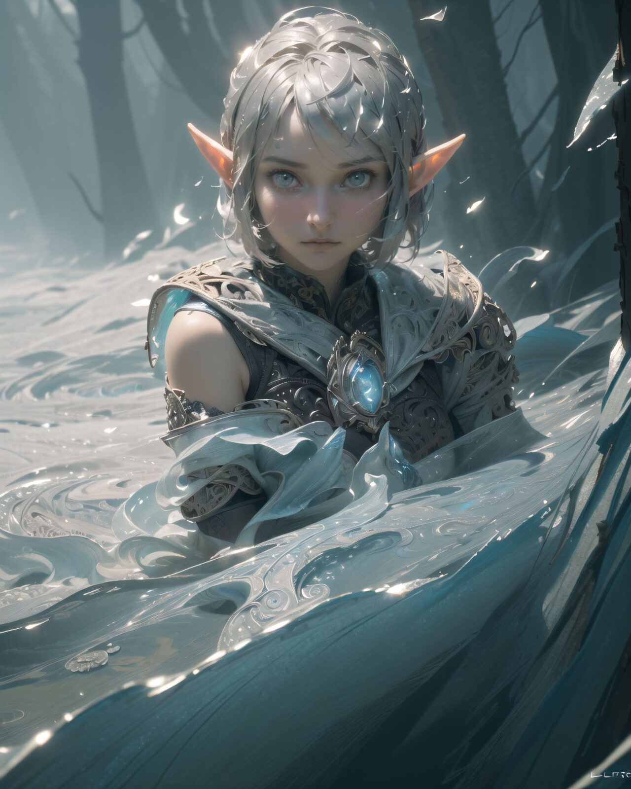 (masterpiece:1.3), (best quality:1.3),
((A charming young kawaii ero elven adventurer),
displaying an innocent yet determined expression,
((Her silver short hair flows gently in the wind):1.6),
complementing her deep emerald-green eyes,
She wears a traveler?s outfit inspired by the natural world:
- A fitted forest-green tunic with golden embroidery,
- A brown leather corset belt securing a utility pouch,
- A flowing dark green cape clasped with a golden brooch,
- Dark brown bracers and knee-high leather boots,
- A quiver of arrows slung across her back, a finely crafted elven bow in her hand,
- Gold-trimmed gloves with delicate vine-like patterns.
):1.2,
((close-up shot):1.4),
((
((A young elven adventurer stands frozen in a foggy, mystical forest)), her deep emerald-green eyes wide with a mix of longing and fear. Before her, a faint, shimmering figure takes shape?a vision of her long-lost family, appearing just as she remembers them from childhood.
((However, something is unsettling?their forms waver like ripples on water, distorting at the edges, their silhouettes flickering and shifting unnaturally, as if struggling to hold a stable form)). The spectral figures glow with a soft, otherworldly luminescence, their faces obscured by misty veils.
Filia reaches out hesitantly, her gloved fingers trembling slightly, her expression torn between hope and doubt. The thick, silver mist coils around her feet, carrying whispers that dissolve into the eerie silence of the enchanted forest.
The ancient trees loom high above, their twisted branches stretching into the dimly lit sky, faintly illuminated by spectral blue and green glows. Ethereal floating lights hover in the mist, casting flickering reflections on the damp moss-covered ground.
8k, ultra-detailed, intricate, sharp focus, depth-of-field, photorealistic, cinematic lighting, fantasy art, atmospheric composition
):3),
Soft natural lighting casts a warm glow on her features, highlighting the intricate details of her attire and accessories.
The image is captured with a cinematic composition, a balance of sharp focus on her expressive face and a blurred, immersive fantasy background
8k, ultra-detailed, intricate, sharp focus, depth-of-field, photorealistic, fantasy art, atmospheric lighting,
(EasyNegativeV2:-1.5), (worst quality, low quality:-1.2), (bad-hands-5:-1.2), (negative_hand-neg:-1.1)