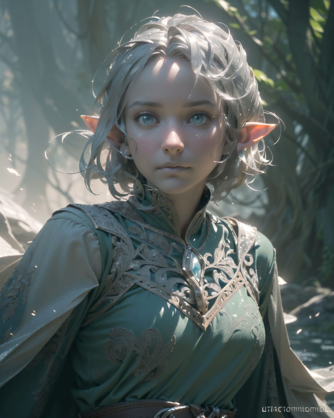 (masterpiece:1.3), (best quality:1.3),
((A charming young kawaii ero elven adventurer),
displaying an innocent yet determined expression,
((Her silver short hair flows gently in the wind):1.6),
complementing her deep emerald-green eyes,
She wears a traveler?s outfit inspired by the natural world:
- A fitted forest-green tunic with golden embroidery,
- A brown leather corset belt securing a utility pouch,
- A flowing dark green cape clasped with a golden brooch,
- Dark brown bracers and knee-high leather boots,
- A quiver of arrows slung across her back, a finely crafted elven bow in her hand,
- Gold-trimmed gloves with delicate vine-like patterns.
):1.2,
((close-up of face):1.4),
((
((A young elven adventurer stands frozen in a foggy, mystical forest)), her deep emerald-green eyes wide with a mix of longing and fear. Before her, a faint, shimmering figure takes shape?a vision of her long-lost family, appearing just as she remembers them from childhood.
((However, something is unsettling?their forms waver like ripples on water, distorting at the edges, their silhouettes flickering and shifting unnaturally, as if struggling to hold a stable form)). The spectral figures glow with a soft, otherworldly luminescence, their faces obscured by misty veils.
Filia reaches out hesitantly, her gloved fingers trembling slightly, her expression torn between hope and doubt. The thick, silver mist coils around her feet, carrying whispers that dissolve into the eerie silence of the enchanted forest.
The ancient trees loom high above, their twisted branches stretching into the dimly lit sky, faintly illuminated by spectral blue and green glows. Ethereal floating lights hover in the mist, casting flickering reflections on the damp moss-covered ground.
8k, ultra-detailed, intricate, sharp focus, depth-of-field, photorealistic, cinematic lighting, fantasy art, atmospheric composition
):3),
Soft natural lighting casts a warm glow on her features, highlighting the intricate details of her attire and accessories.
The image is captured with a cinematic composition, a balance of sharp focus on her expressive face and a blurred, immersive fantasy background
8k, ultra-detailed, intricate, sharp focus, depth-of-field, photorealistic, fantasy art, atmospheric lighting,
(EasyNegativeV2:-1.5), (worst quality, low quality:-1.2), (bad-hands-5:-1.2), (negative_hand-neg:-1.1)