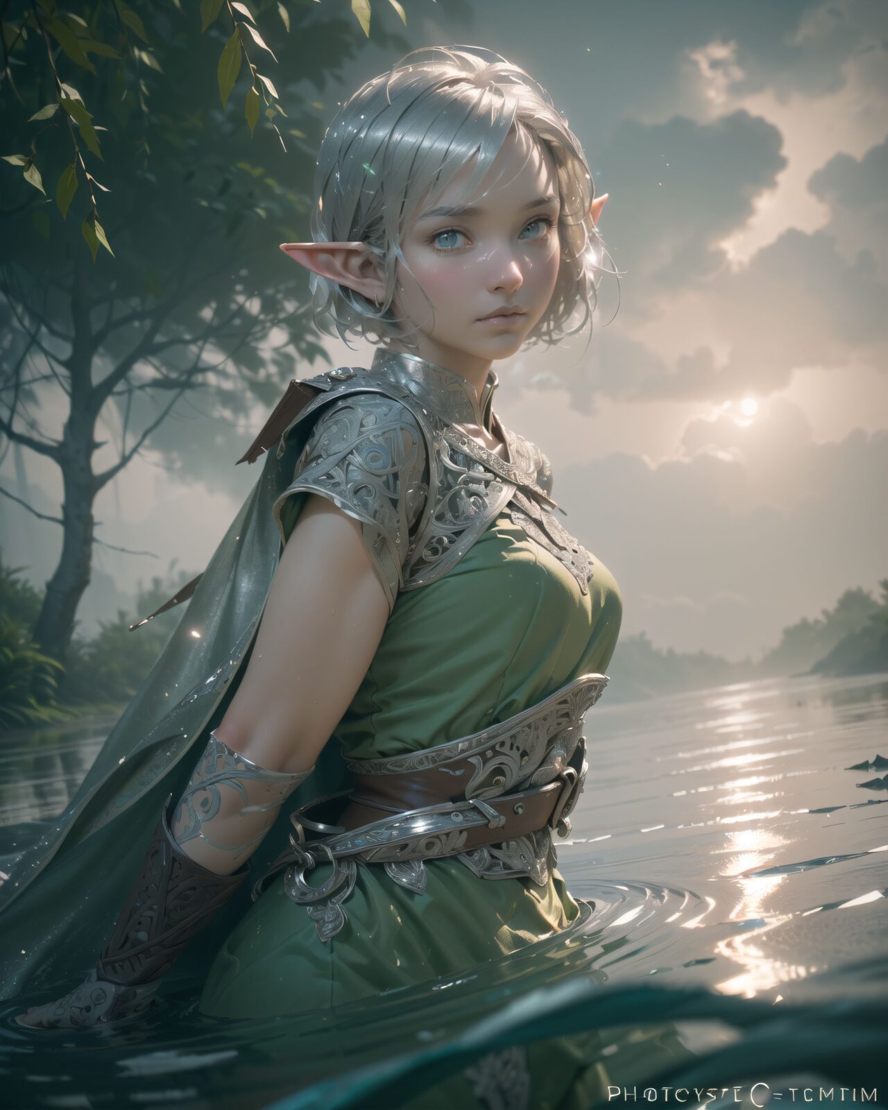 (masterpiece:1.3), (best quality:1.3),
((A charming young kawaii ero elven adventurer),
displaying an innocent yet determined expression,
((Her silver short hair flows gently in the wind):1.6),
complementing her deep emerald-green eyes,
She wears a traveler?s outfit inspired by the natural world:
- A fitted forest-green tunic with golden embroidery,
- A brown leather corset belt securing a utility pouch,
- A flowing dark green cape clasped with a golden brooch,
- Dark brown bracers and knee-high leather boots,
- A quiver of arrows slung across her back, a finely crafted elven bow in her hand,
- Gold-trimmed gloves with delicate vine-like patterns.
):1.2,
((dynamic angle shot):1.4),
((
((A young elven adventurer stands frozen in a foggy, mystical forest)), her deep emerald-green eyes wide with a mix of longing and fear. Before her, a faint, shimmering figure takes shape?a vision of her long-lost family, appearing just as she remembers them from childhood.
((However, something is unsettling?their forms waver like ripples on water, distorting at the edges, their silhouettes flickering and shifting unnaturally, as if struggling to hold a stable form)). The spectral figures glow with a soft, otherworldly luminescence, their faces obscured by misty veils.
Filia reaches out hesitantly, her gloved fingers trembling slightly, her expression torn between hope and doubt. The thick, silver mist coils around her feet, carrying whispers that dissolve into the eerie silence of the enchanted forest.
The ancient trees loom high above, their twisted branches stretching into the dimly lit sky, faintly illuminated by spectral blue and green glows. Ethereal floating lights hover in the mist, casting flickering reflections on the damp moss-covered ground.
8k, ultra-detailed, intricate, sharp focus, depth-of-field, photorealistic, cinematic lighting, fantasy art, atmospheric composition
):3),
Soft natural lighting casts a warm glow on her features, highlighting the intricate details of her attire and accessories.
The image is captured with a cinematic composition, a balance of sharp focus on her expressive face and a blurred, immersive fantasy background
8k, ultra-detailed, intricate, sharp focus, depth-of-field, photorealistic, fantasy art, atmospheric lighting,
(EasyNegativeV2:-1.5), (worst quality, low quality:-1.2), (bad-hands-5:-1.2), (negative_hand-neg:-1.1)