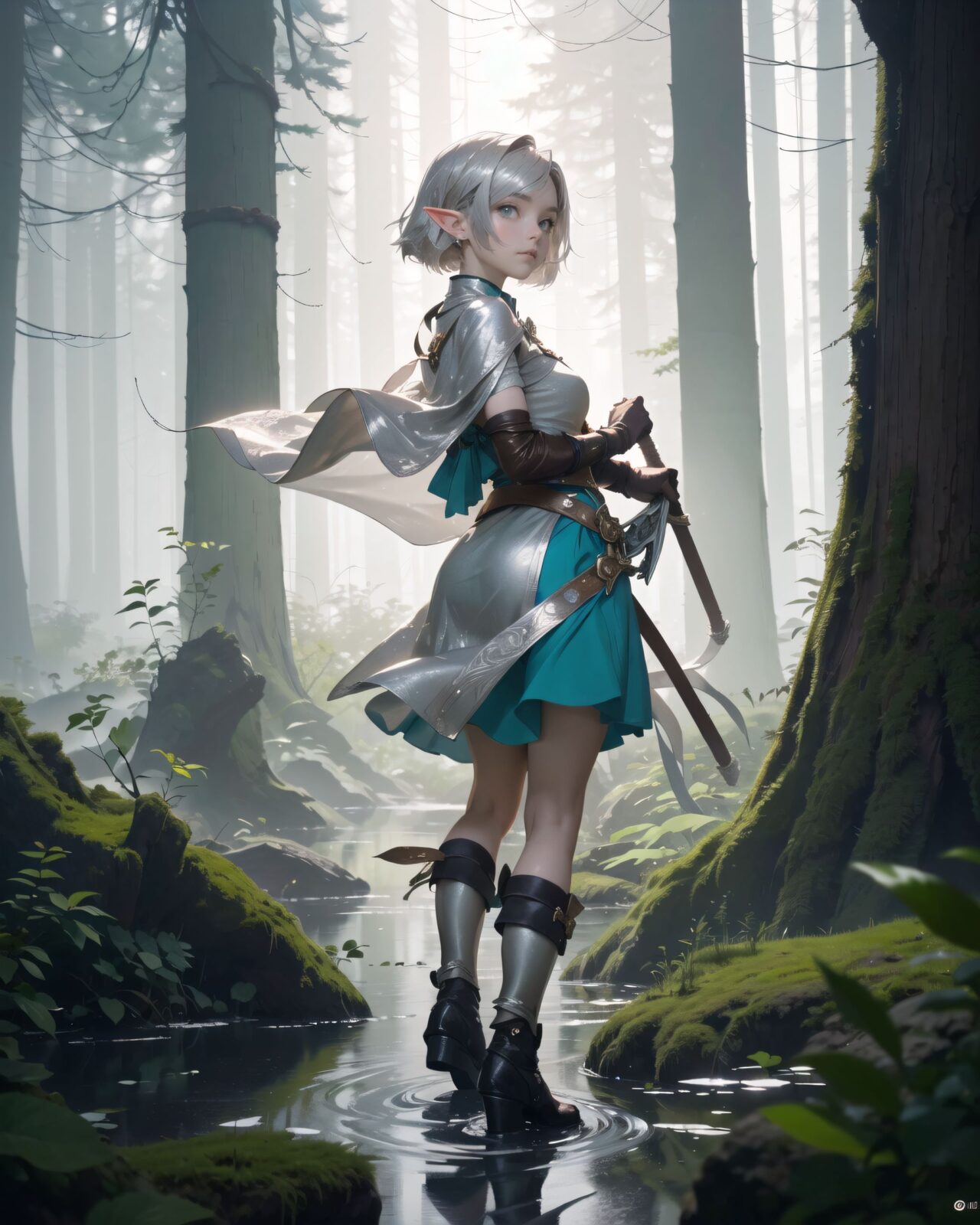 (masterpiece:1.3), (best quality:1.3),
((A charming young kawaii ero elven adventurer),
displaying an innocent yet determined expression,
((Her silver short hair flows gently in the wind):1.6),
complementing her deep emerald-green eyes,
She wears a traveler?s outfit inspired by the natural world:
- A fitted forest-green tunic with golden embroidery,
- A brown leather corset belt securing a utility pouch,
- A flowing dark green cape clasped with a golden brooch,
- Dark brown bracers and knee-high leather boots,
- A quiver of arrows slung across her back, a finely crafted elven bow in her hand,
- Gold-trimmed gloves with delicate vine-like patterns.
):1.2,
((shot mainly depicting the background):1.4),
((
((A hauntingly beautiful vision unfolds before Filia, standing amidst the dense, mist-covered forest)), her deep emerald-green eyes locked onto the spectral apparition before her.
((A shimmering mirage of her long-lost family appears before her, their faces soft and warm, just as she remembers from childhood. Their presence radiates a nostalgic glow, evoking a bittersweet sense of familiarity.))
((Yet, something is deeply unsettling?their forms are unstable, wavering like reflections on disturbed water, their edges flickering and shifting unpredictably. Their silhouettes bend and stretch unnaturally, as if barely holding onto reality, trapped between existence and nothingness.))
Filia's gloved fingers reach out hesitantly, trembling slightly, drawn to the vision yet fearing what she might touch. Her breath catches as she watches their gentle smiles distort subtly, their voices reduced to silent whispers lost within the swirling mist.
The forest remains eerily quiet, the silver fog weaving around them, carrying glimmers of dim blue and violet light. Ethereal tendrils of magic pulse through the air, illuminating the damp moss-covered ground, casting eerie shadows against the twisted, ancient trees towering overhead.
8k, ultra-detailed, intricate, sharp focus, depth-of-field, photorealistic, cinematic lighting, fantasy art, atmospheric composition
):3),
Soft natural lighting casts a warm glow on her features, highlighting the intricate details of her attire and accessories.
The image is captured with a cinematic composition, a balance of sharp focus on her expressive face and a blurred, immersive fantasy background
8k, ultra-detailed, intricate, sharp focus, depth-of-field, photorealistic, fantasy art, atmospheric lighting,
(EasyNegativeV2:-1.5), (worst quality, low quality:-1.2), (bad-hands-5:-1.2), (negative_hand-neg:-1.1)
